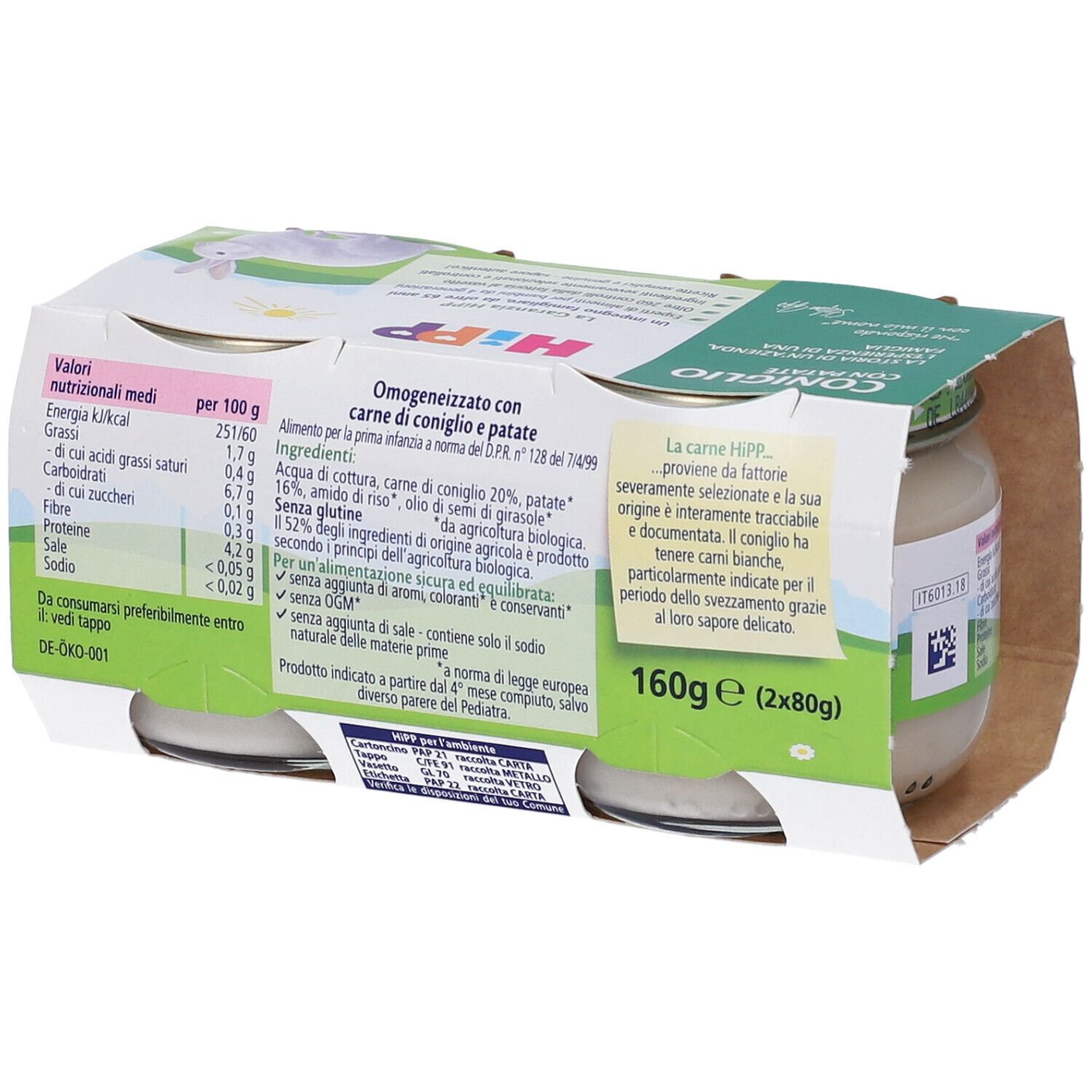 Confezione di vasetti Hipp Omogeneizzato Coniglio Con Patate. Etichette con informazioni nutrizionali, coniglio.