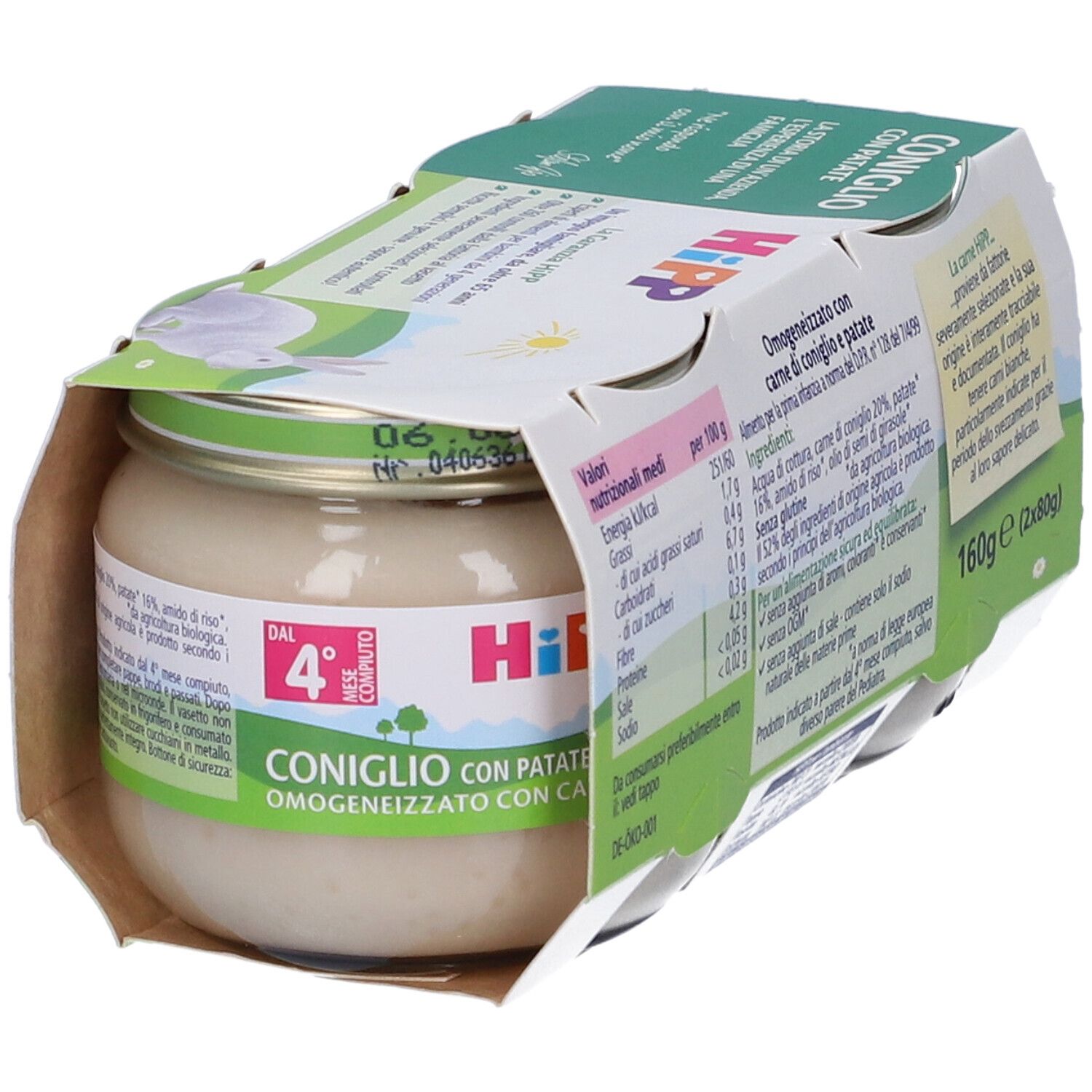 Vasetto Hipp Omogeneizzato Coniglio Con Patate in confezione. Etichetta con informazioni nutrizionali, coniglio.