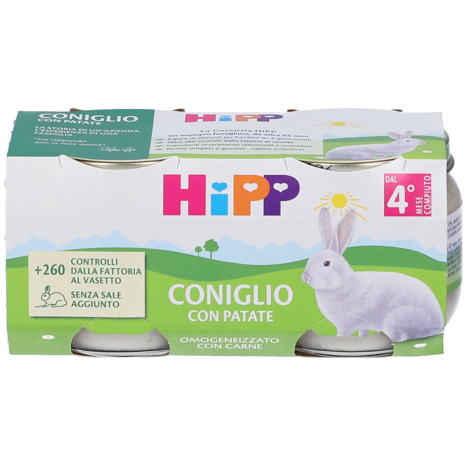 Confezione di vasetti Hipp Omogeneizzato Coniglio Con Patate. Confezione verde e bianca, illustrazione coniglio.