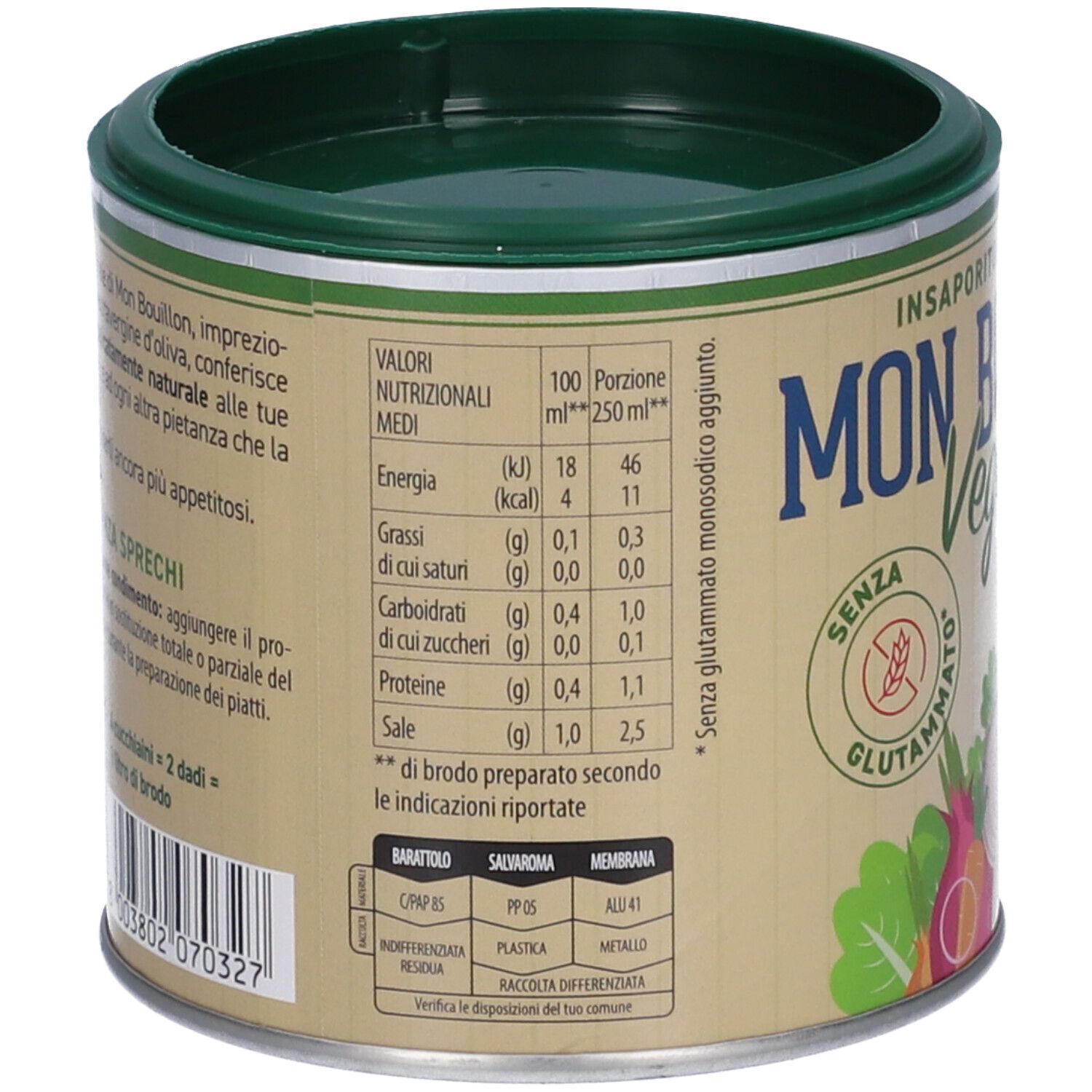 Retro della lattina Mon Bouillon Vegetale con valori nutrizionali e lista ingredienti.