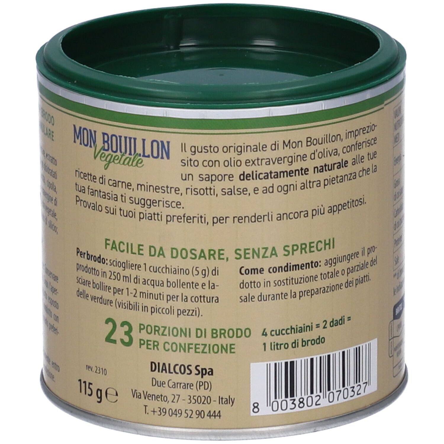 Lato della lattina Mon Bouillon Vegetale con istruzioni di preparazione e indicazione 115g.
