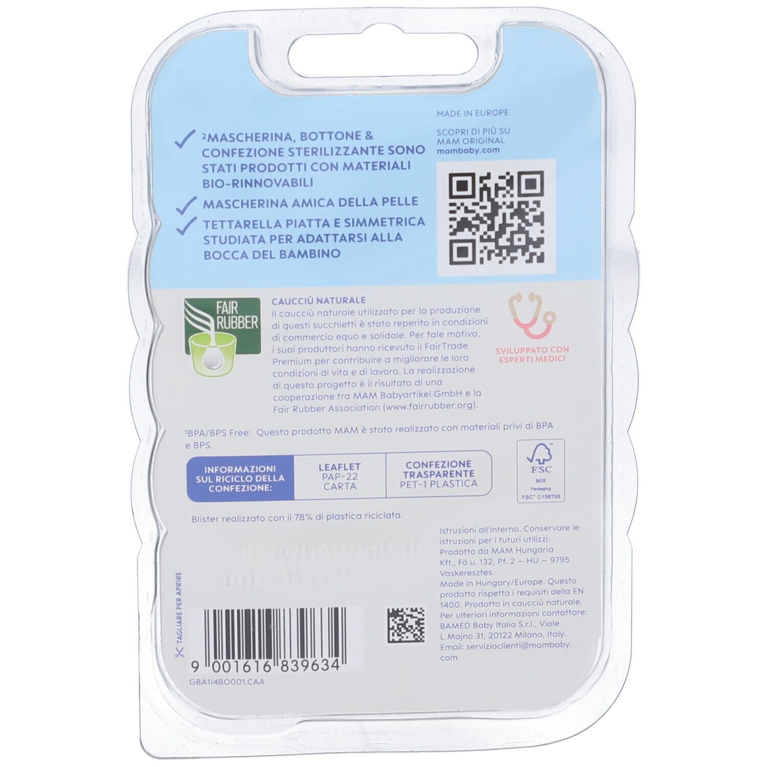 Retro della confezione MAM Original. Informazioni su materiali, certificazioni e produttore. Confezione in plastica trasparente.