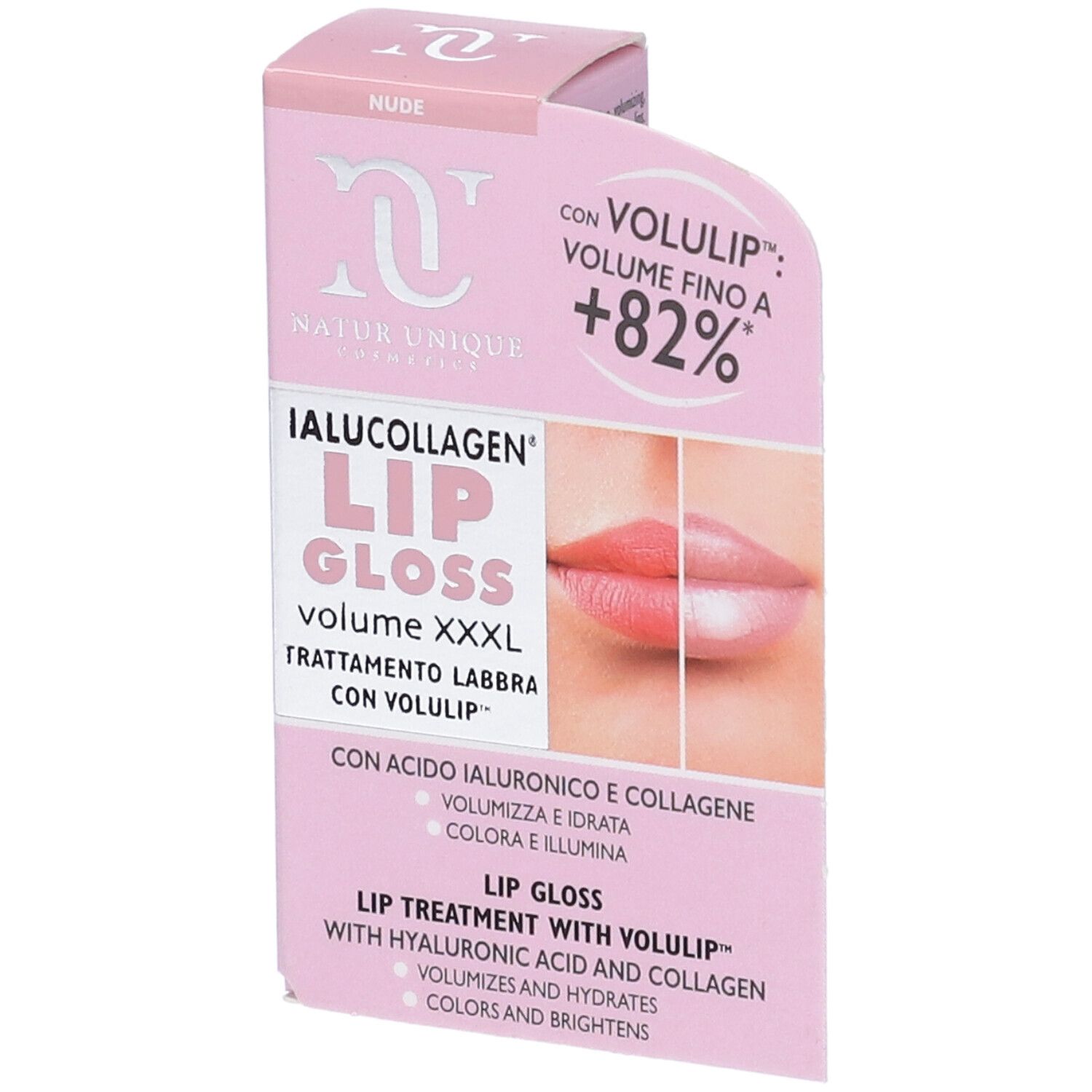 Confezione rosa di lucidalabbra. Testo: IALUCOLLAGEN LIP GLOSS volume XXXL. Con acido ialuronico e collagene. Volume fino a +82%.
