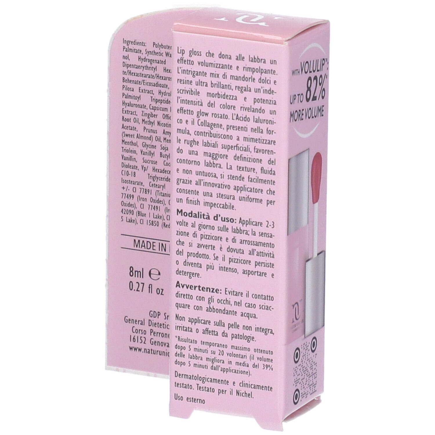 Confezione rosa di lucidalabbra con ingredienti e istruzioni. Contiene un applicatore. Testo: 8ml, 0.27 fl oz.