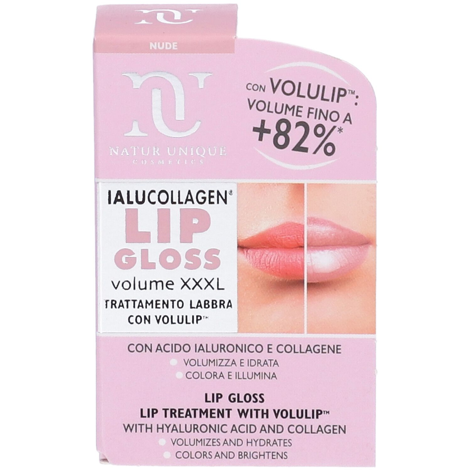 Confezione rosa di lucidalabbra. Testo: IALUCOLLAGEN LIP GLOSS volume XXXL. Con acido ialuronico e collagene. Volume fino a +82%.