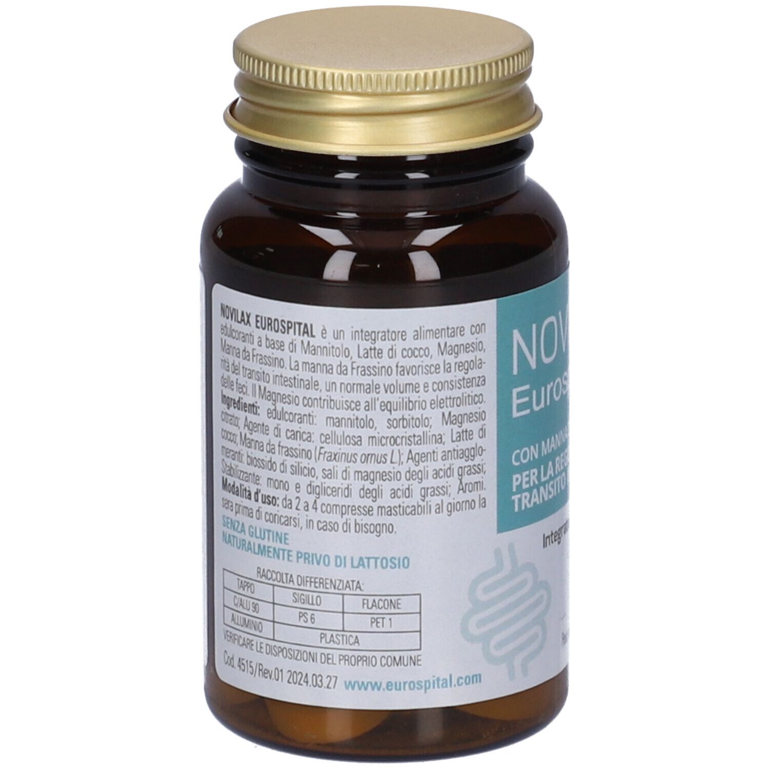 Retro del flacone di vetro marrone con tappo dorato. Etichetta con testo e ingredienti. Senza glutine, senza lattosio.