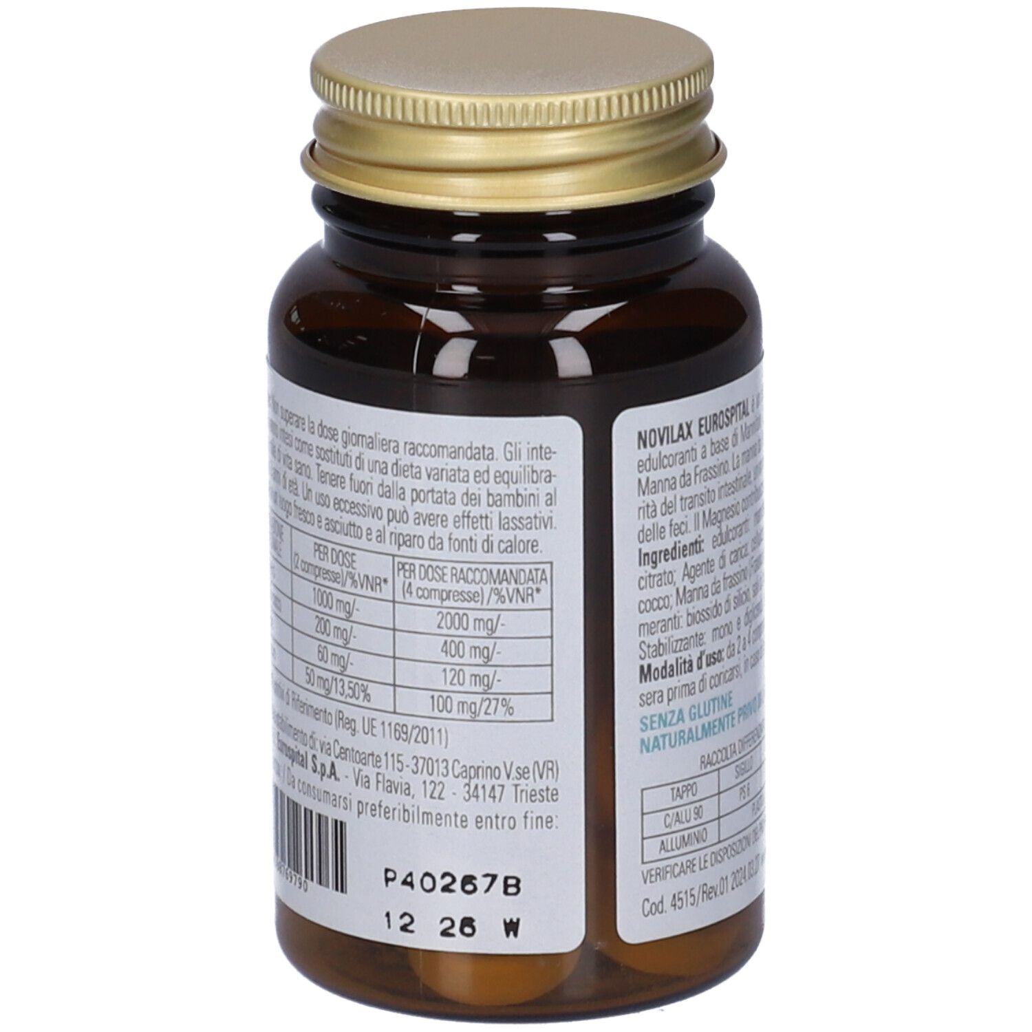 Retro del flacone di vetro marrone con tappo dorato. Etichetta con informazioni nutrizionali. Da consumare preferibilmente entro 12 26 W.