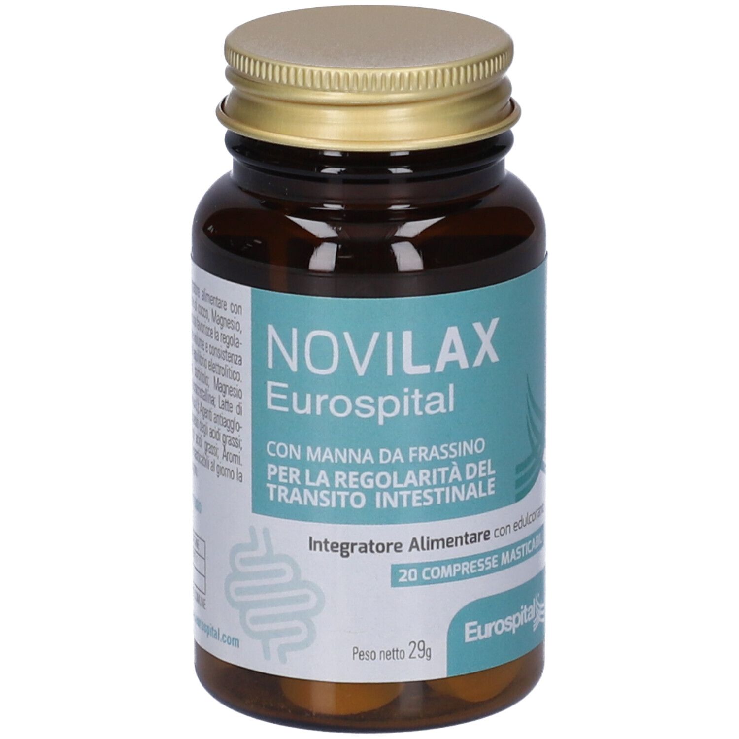 Flacone di vetro marrone con tappo dorato. Etichetta con nome prodotto NOVILAX Eurospital e testo. 20 compresse.