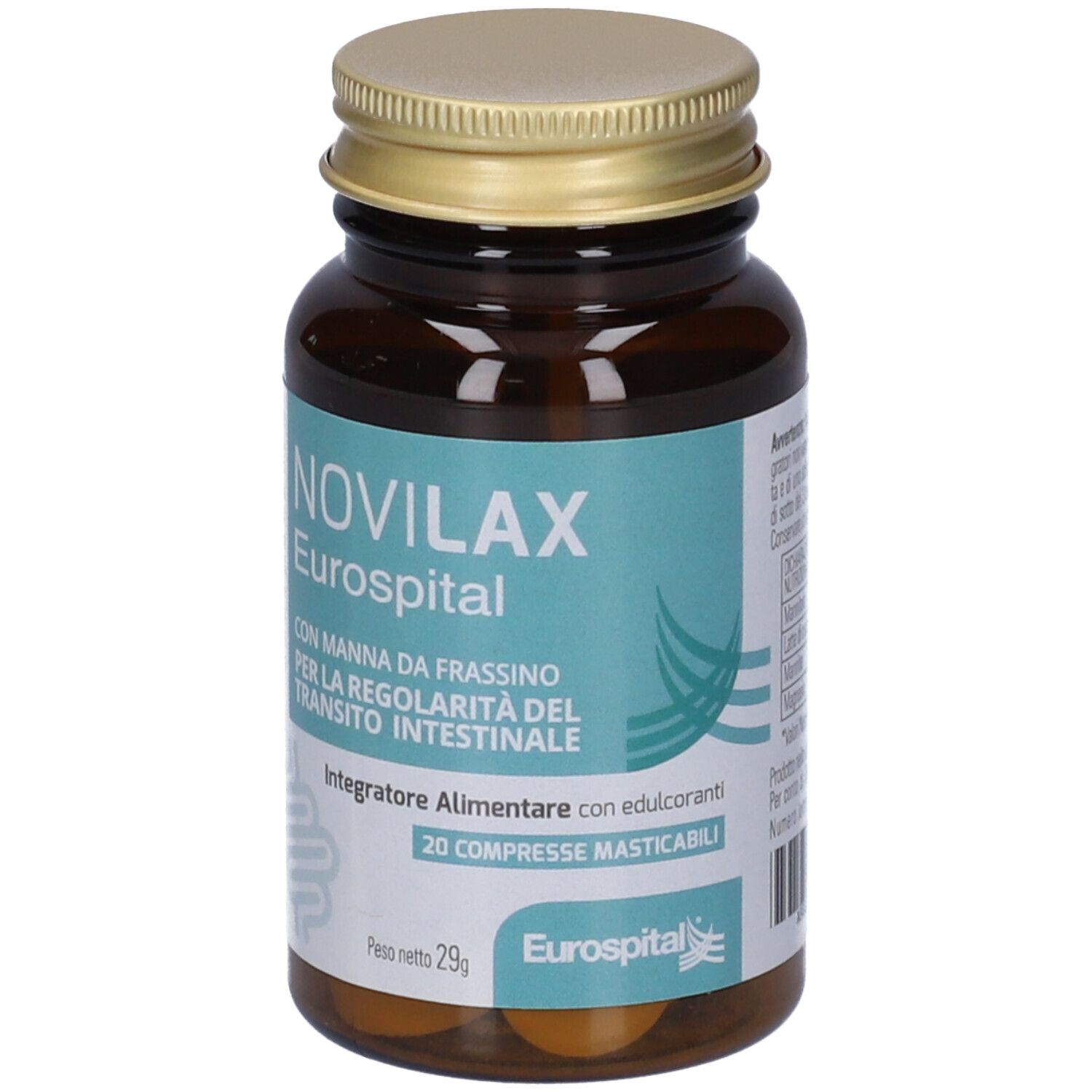 Flacone di vetro marrone con tappo dorato. Etichetta con nome prodotto NOVILAX Eurospital e testo. 20 compresse.