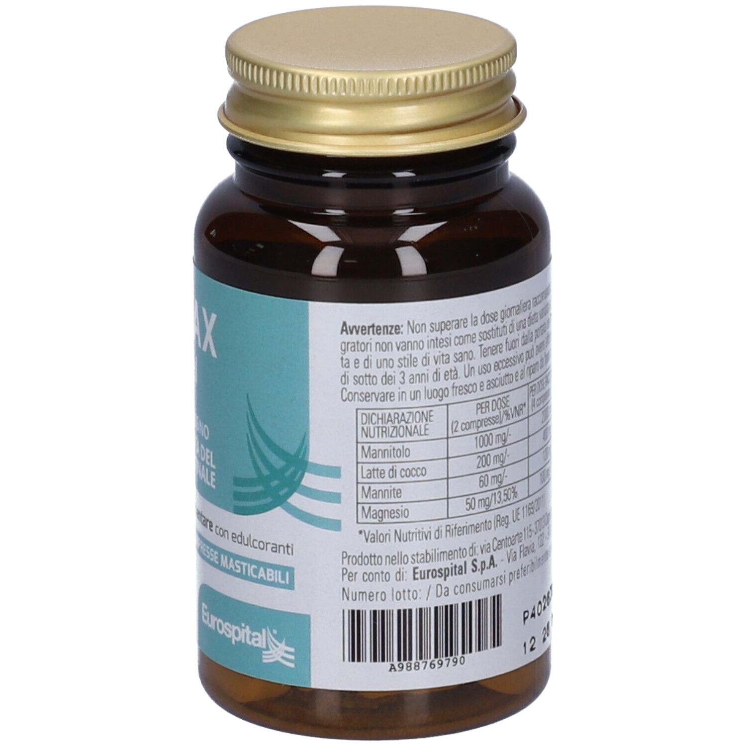 Retro del flacone di vetro marrone con tappo dorato. Etichetta con informazioni nutrizionali e testo. Da consumare preferibilmente entro.