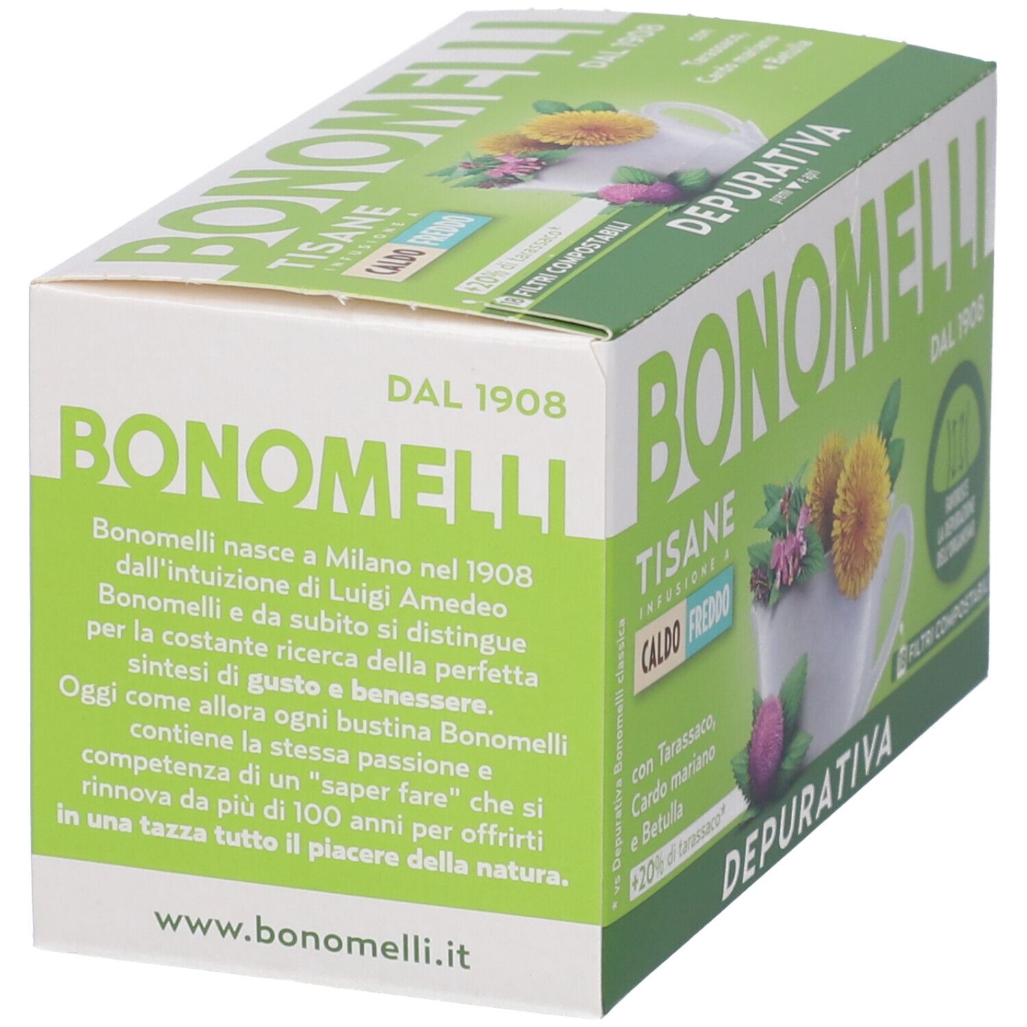 Scatola Bonomelli Tisane Depurativa, retro con informazioni sul prodotto.