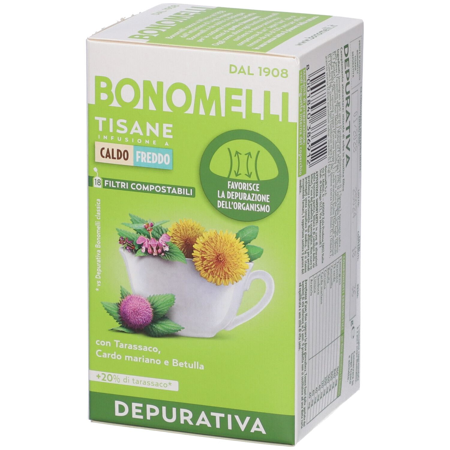 Scatola Bonomelli Tisane Depurativa, fronte con erbe e tazza.
