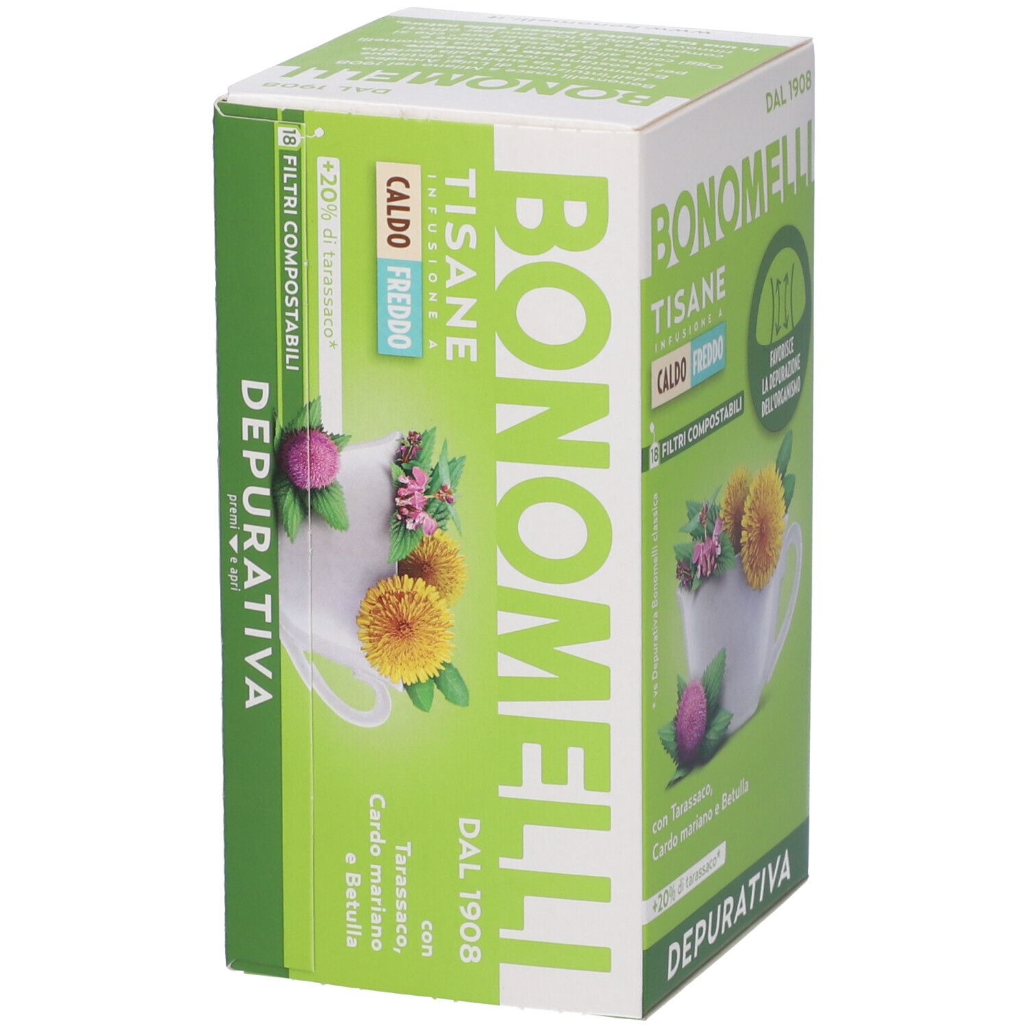 Scatola Bonomelli Tisane Depurativa, vista laterale con erbe e tazza.