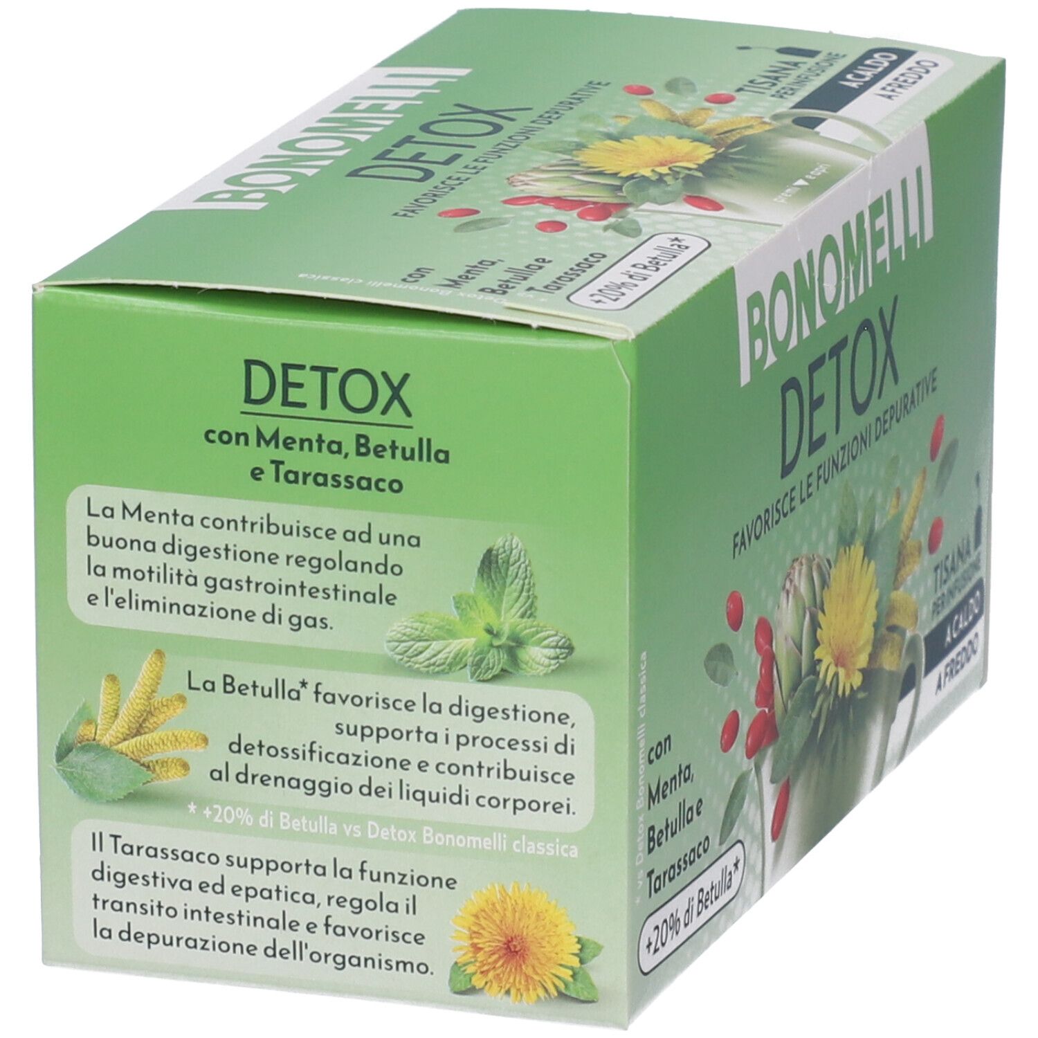 Confezione di tisana Bonomelli Detox, lato con illustrazioni di erbe e testo.