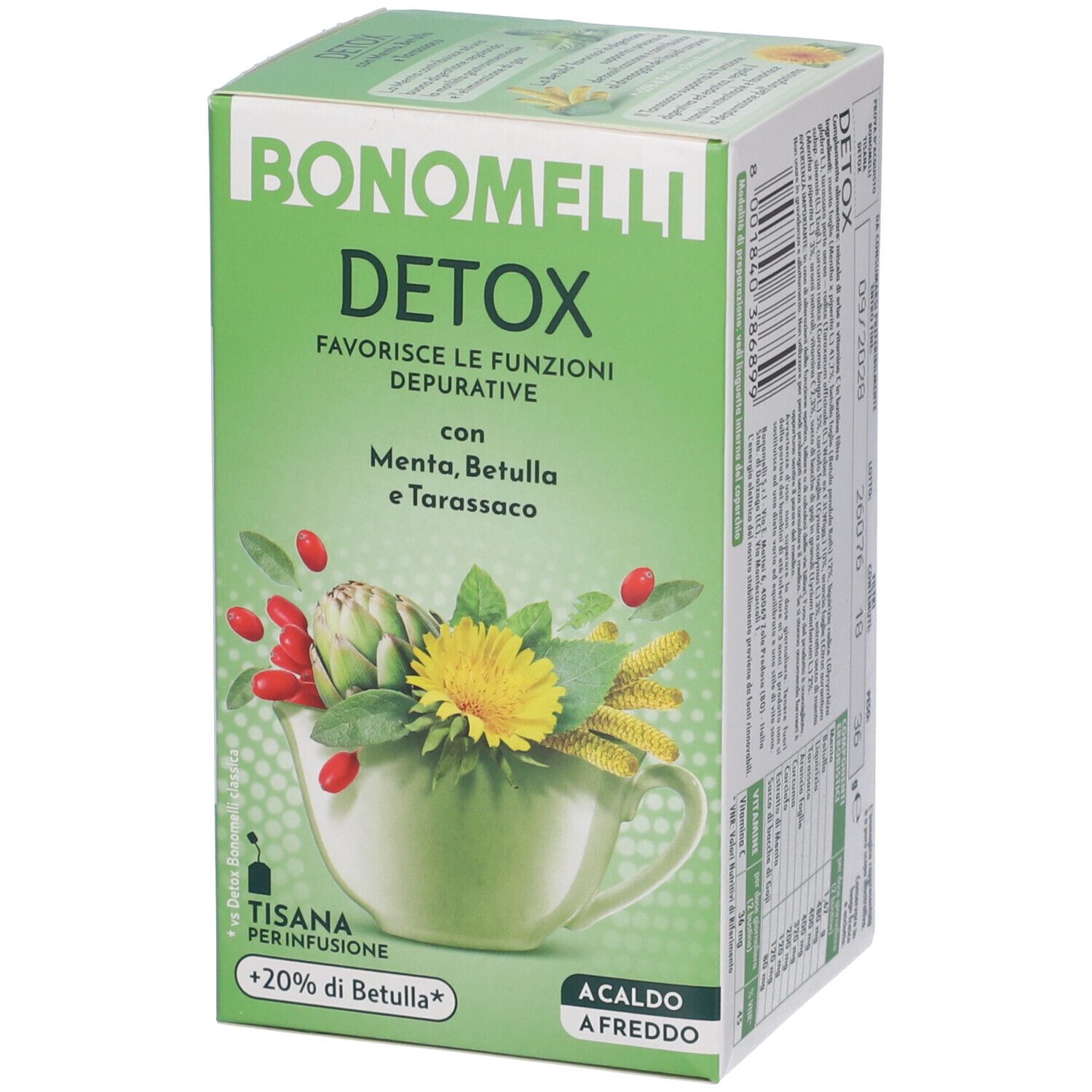 Confezione di tisana Bonomelli Detox con illustrazione di tazza e erbe.