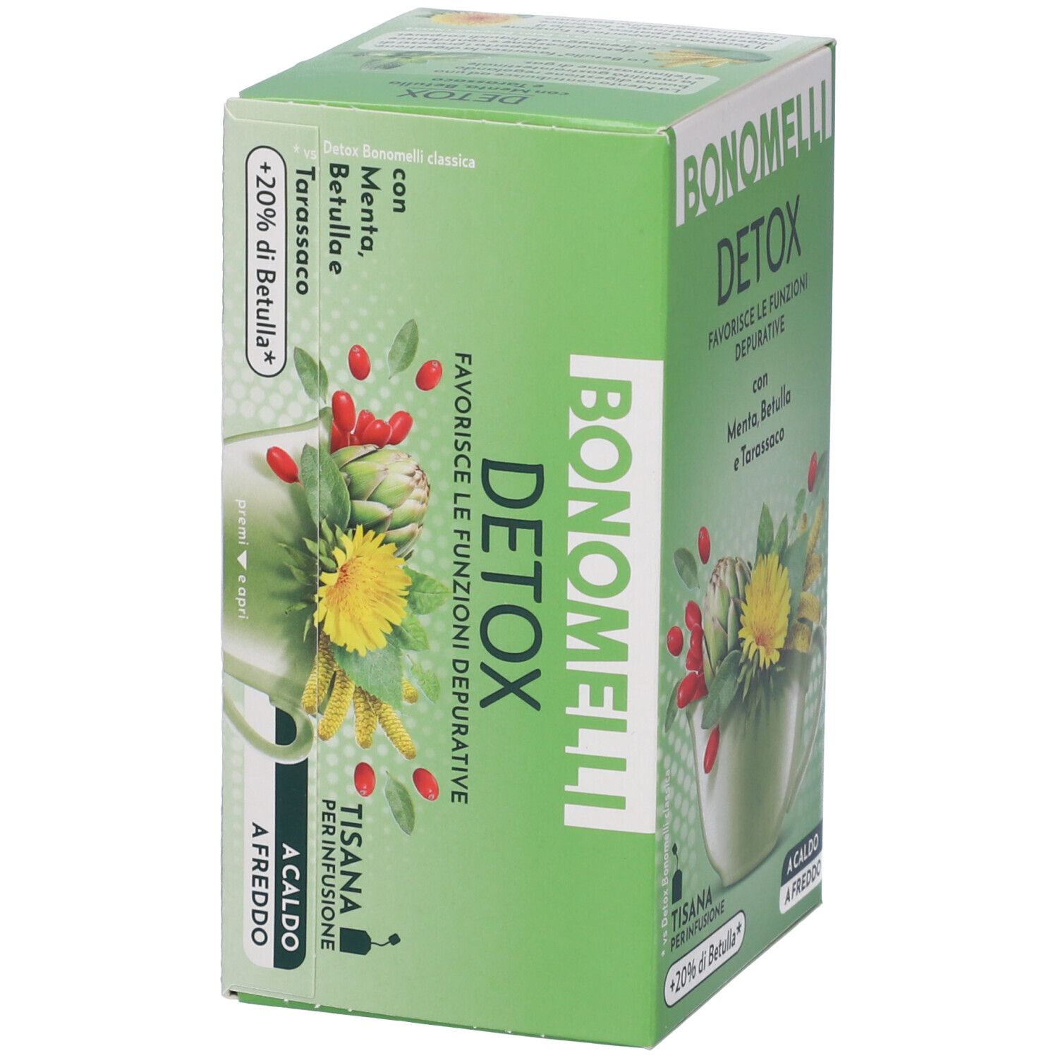 Confezione di tisana Bonomelli Detox, retro con illustrazioni di erbe e testo.