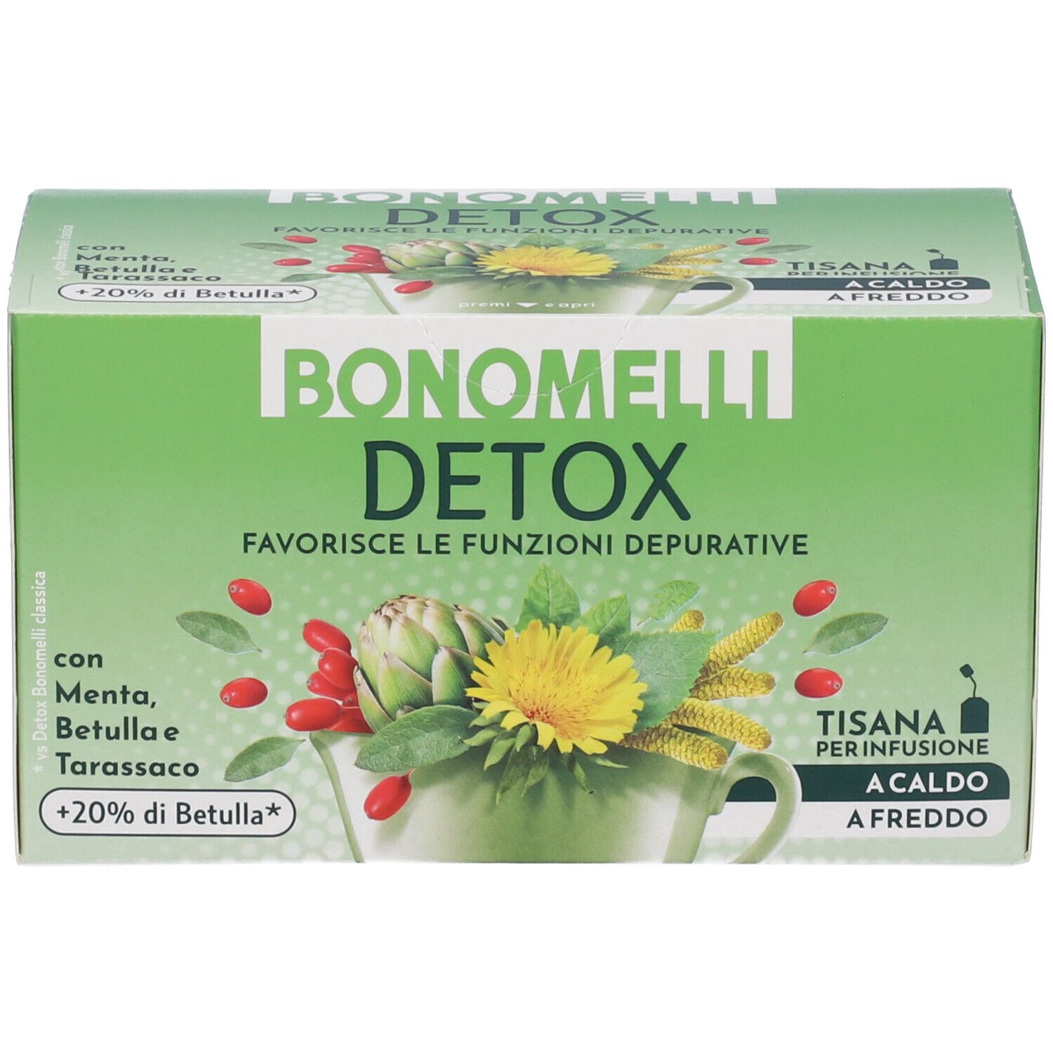 Confezione di tisana Bonomelli Detox con illustrazione di tazza e erbe.