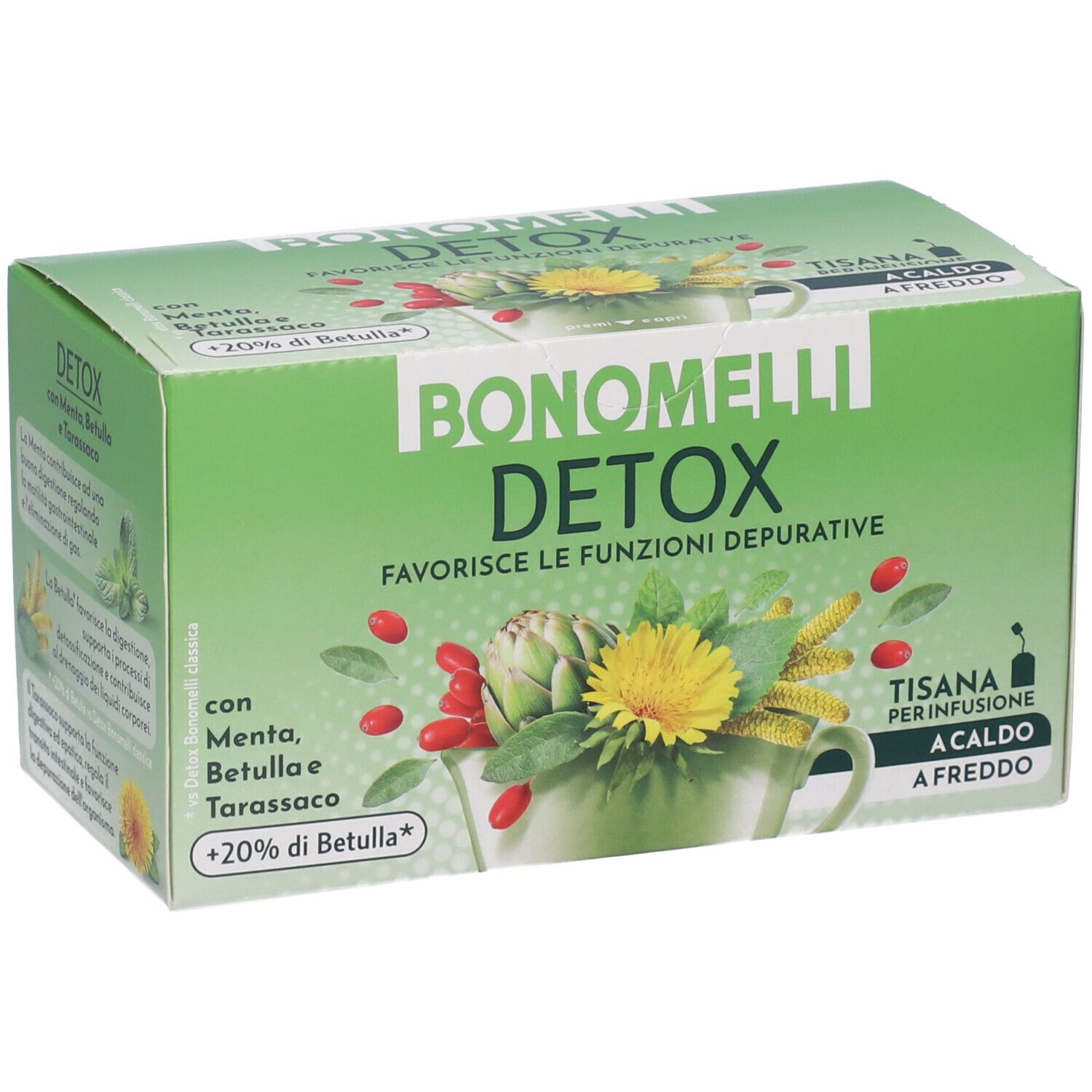 Confezione di tisana Bonomelli Detox con illustrazione di tazza e erbe.