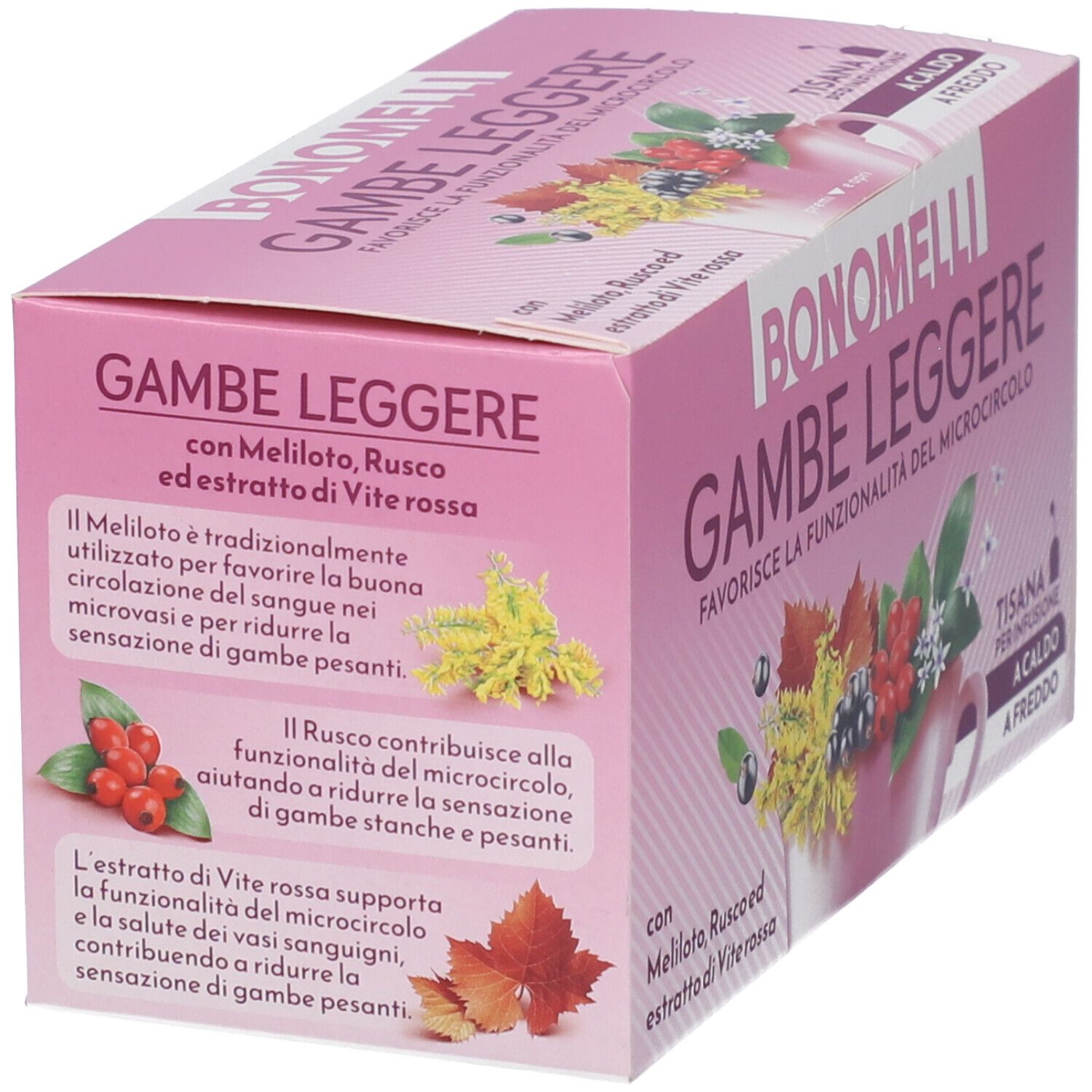 Scatola di tisana BONOMELLI GAMBE LEGGERI, lato con descrizione dettagliata del prodotto.