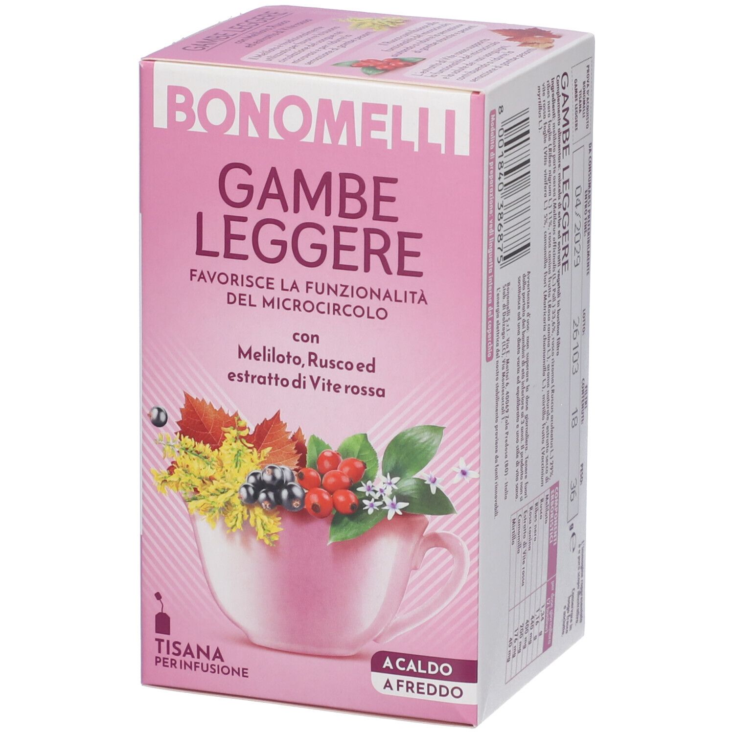 Scatola di tisana BONOMELLI GAMBE LEGGERI, fronte con tazza, frutti e testo.