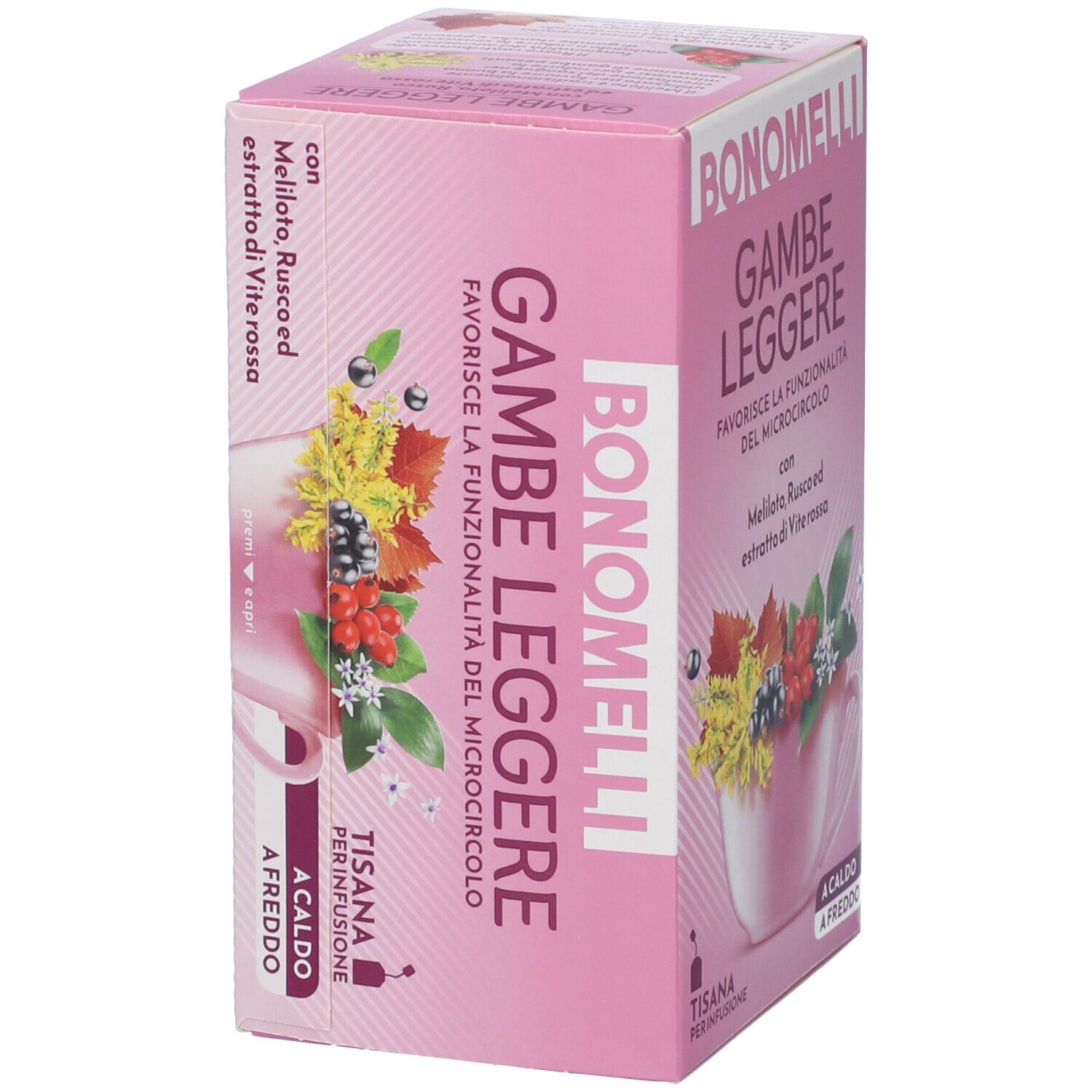 Scatola di tisana BONOMELLI GAMBE LEGGERI, vista obliqua con informazioni prodotto.