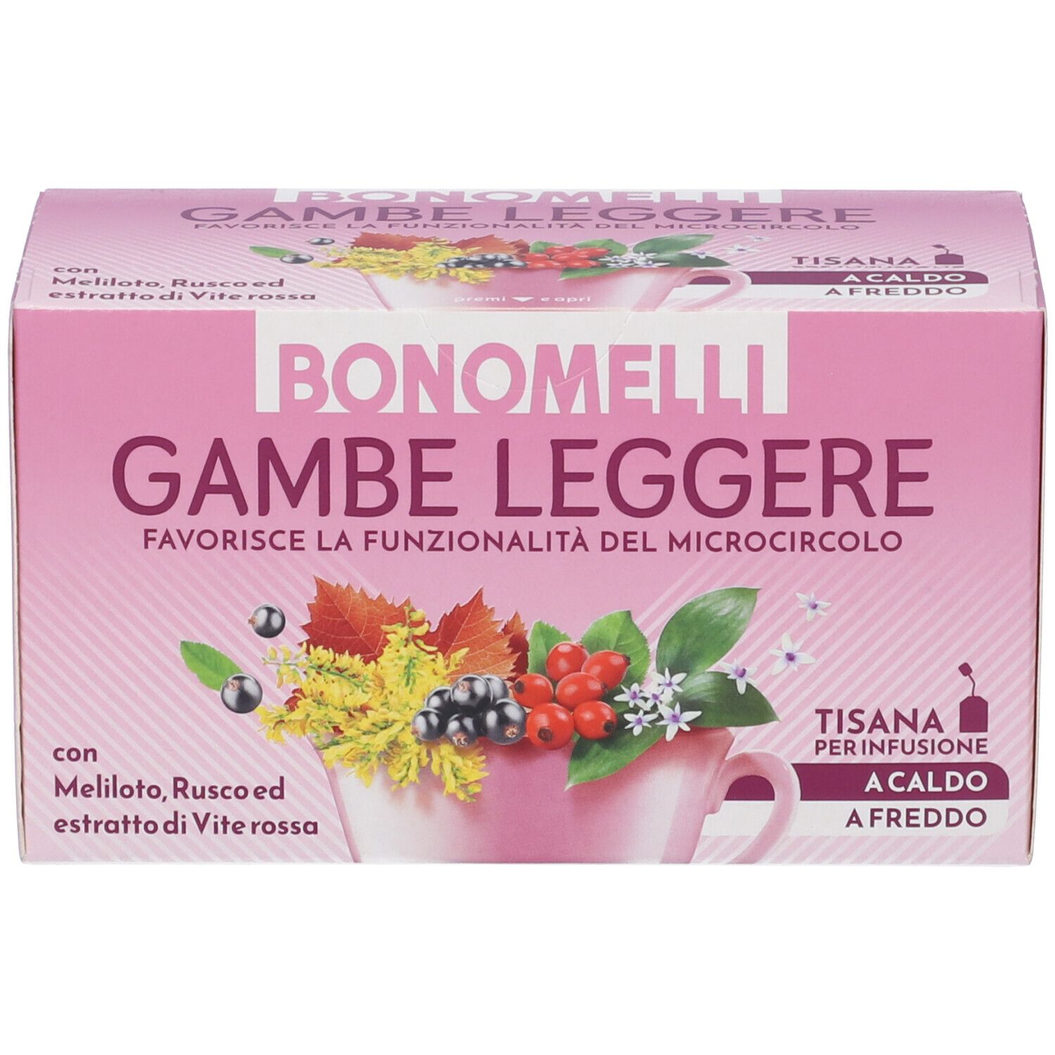 Scatola di tisana BONOMELLI GAMBE LEGGERI, vista frontale con tazza e frutti.