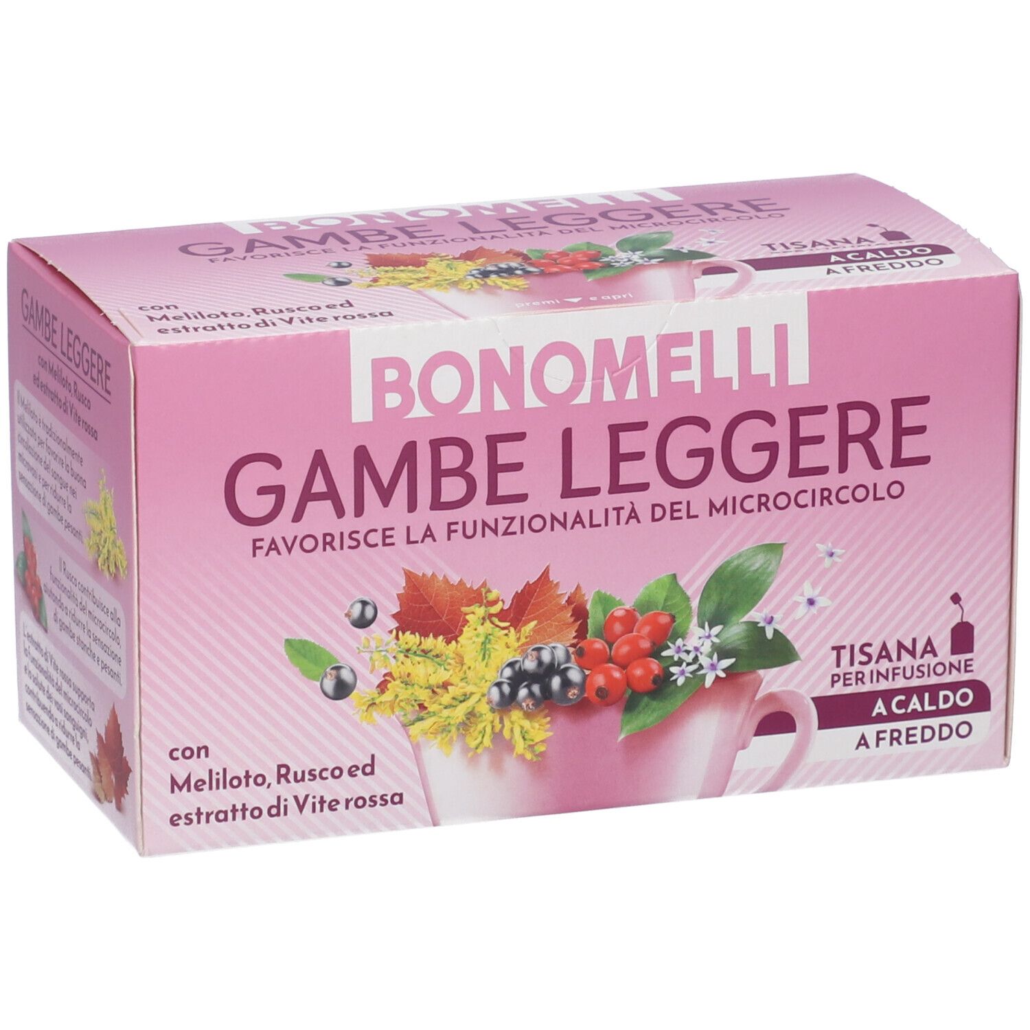 Scatola di tisana BONOMELLI GAMBE LEGGERI, vista frontale obliqua con illustrazione prodotto.