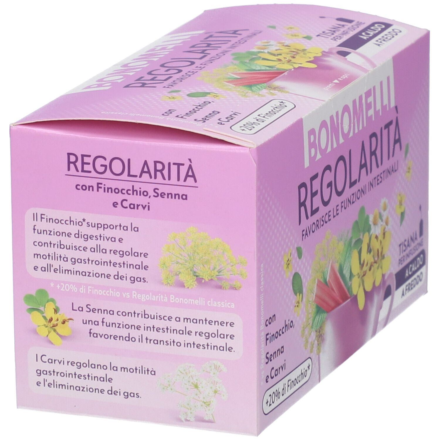 Confezione di tisana BONOMELLI REGOLARITÀ, vista laterale con dettagli su ingredienti e benefici.