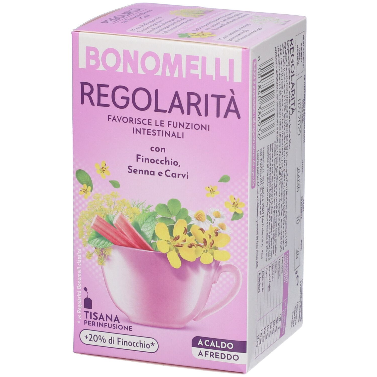 Confezione di tisana BONOMELLI REGOLARITÀ, vista frontale con illustrazione di erbe e tazza.