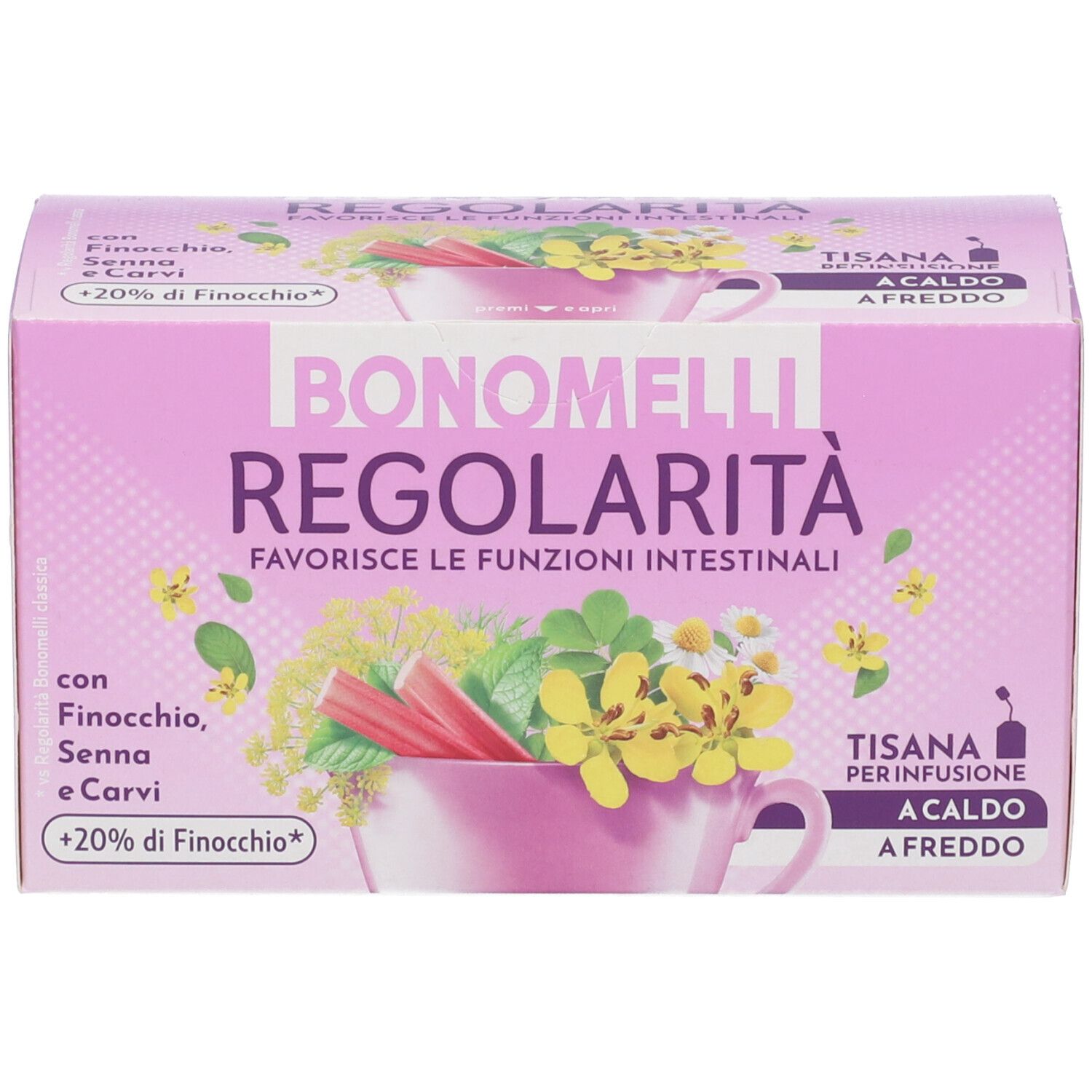 Confezione di tisana BONOMELLI REGOLARITÀ, vista frontale con illustrazione di erbe e tazza, confezione rosa.