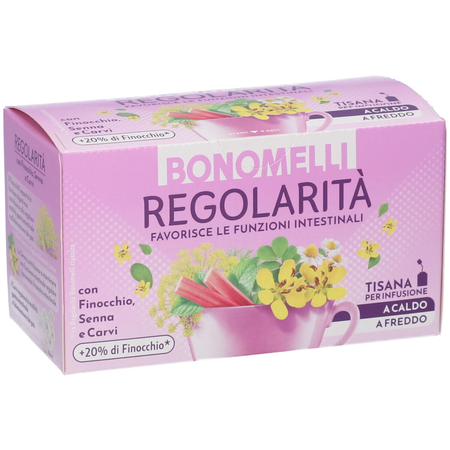 Confezione di tisana BONOMELLI REGOLARITÀ, vista frontale con illustrazione erbe e tazza, design rosa.