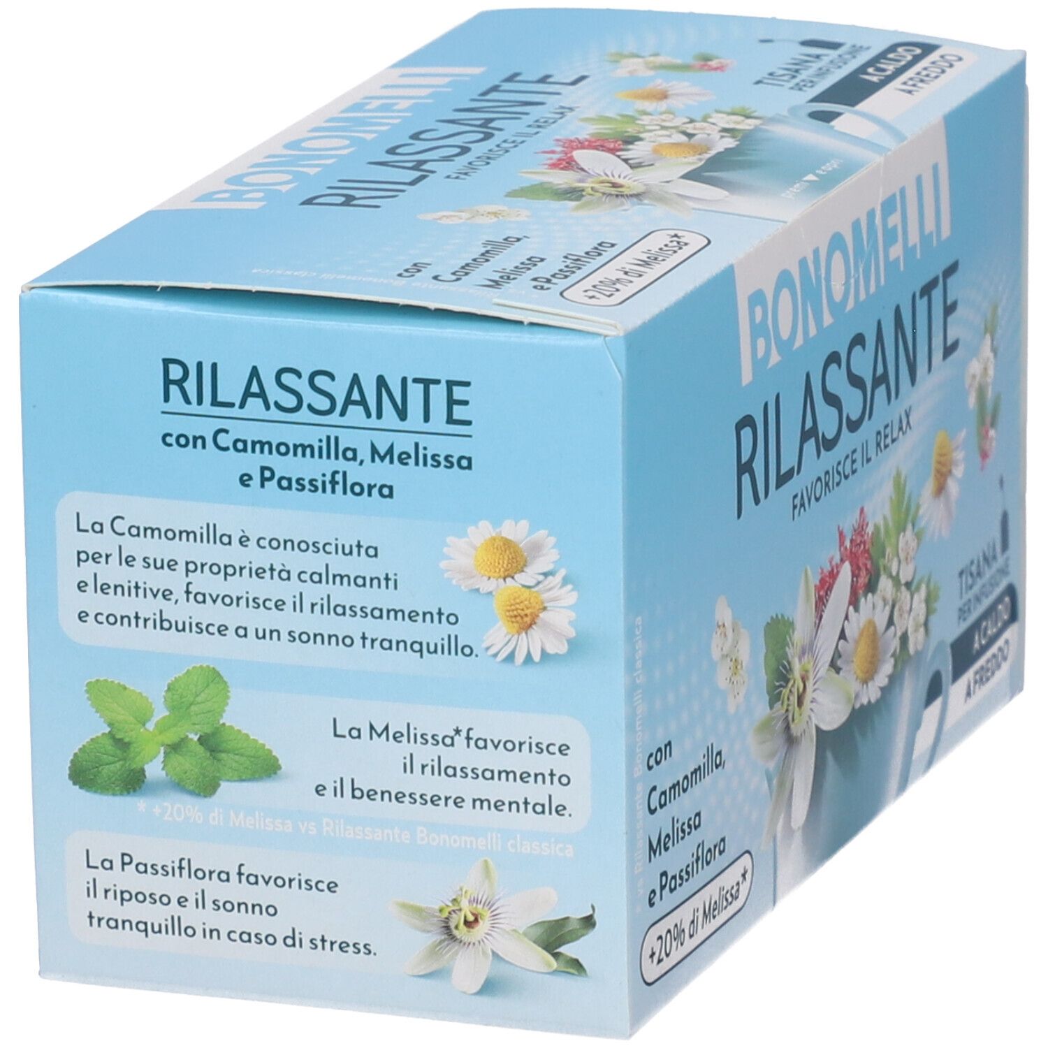 Confezione Bonomelli Tisana Rilassante con illustrazioni di erbe e testo.