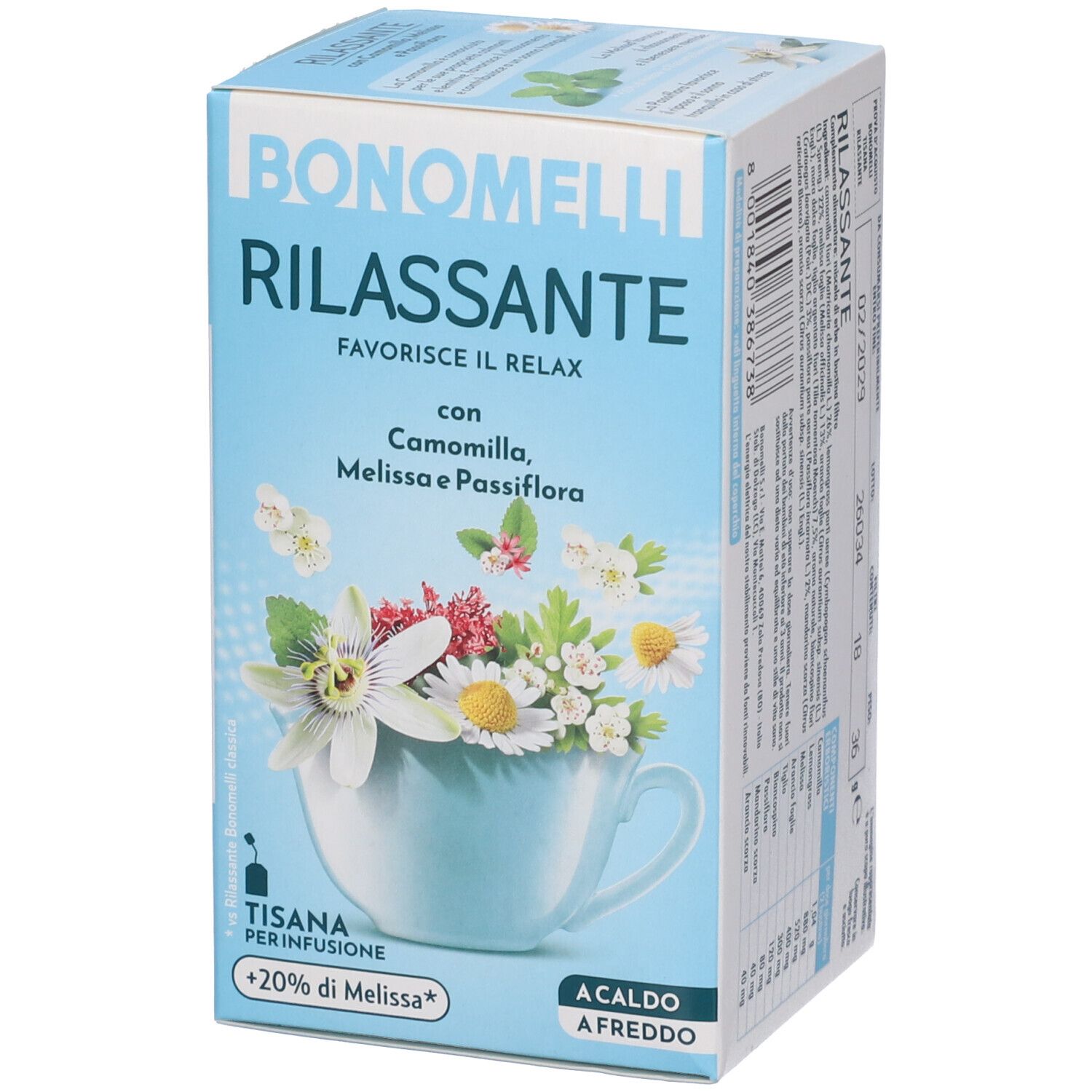 Confezione Bonomelli Tisana Rilassante con erbe e fiori, vista frontale.