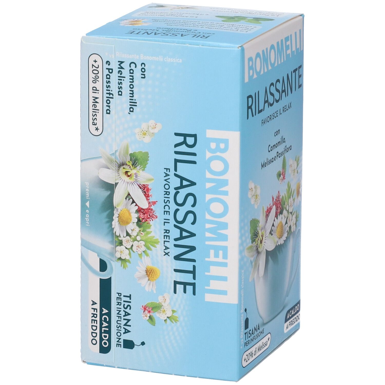 Confezione Bonomelli Tisana Rilassante con erbe e fiori, vista laterale.