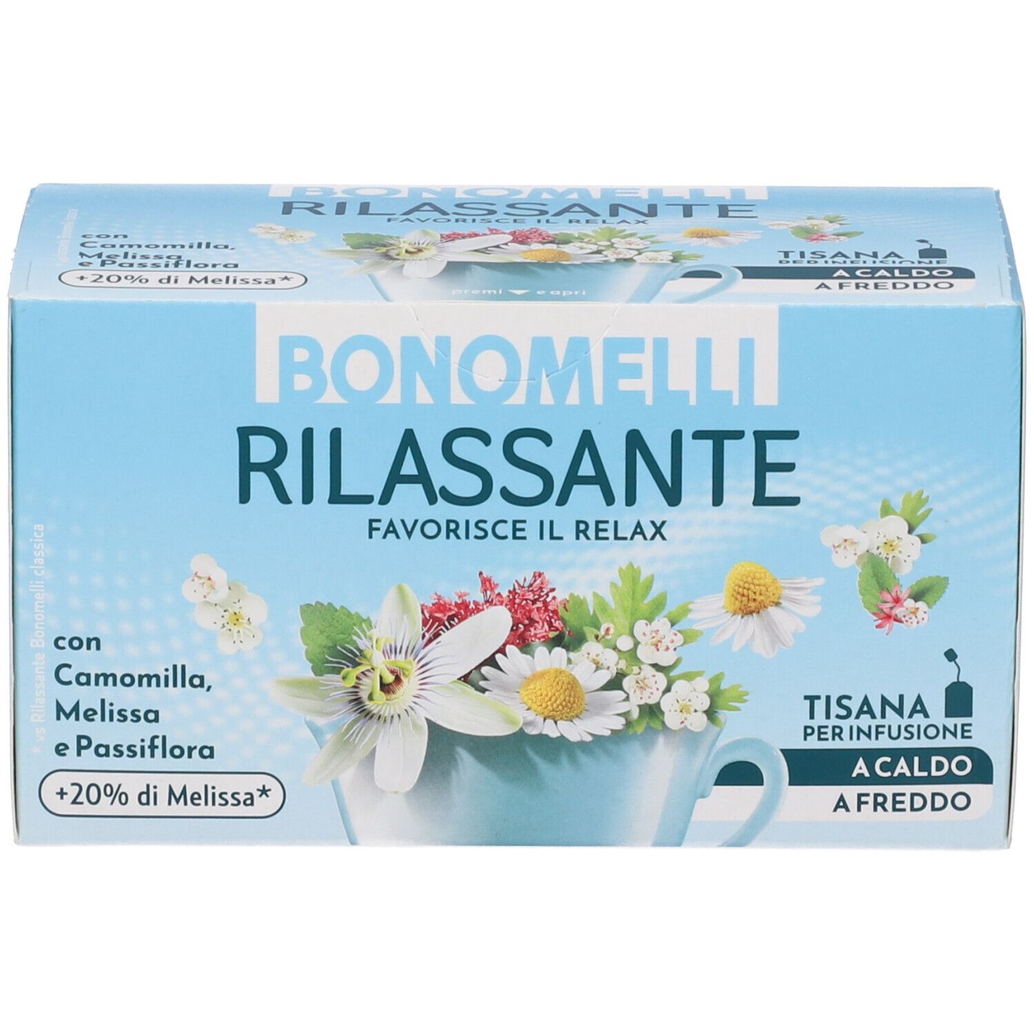 Confezione Bonomelli Tisana Rilassante con erbe e fiori, vista frontale.