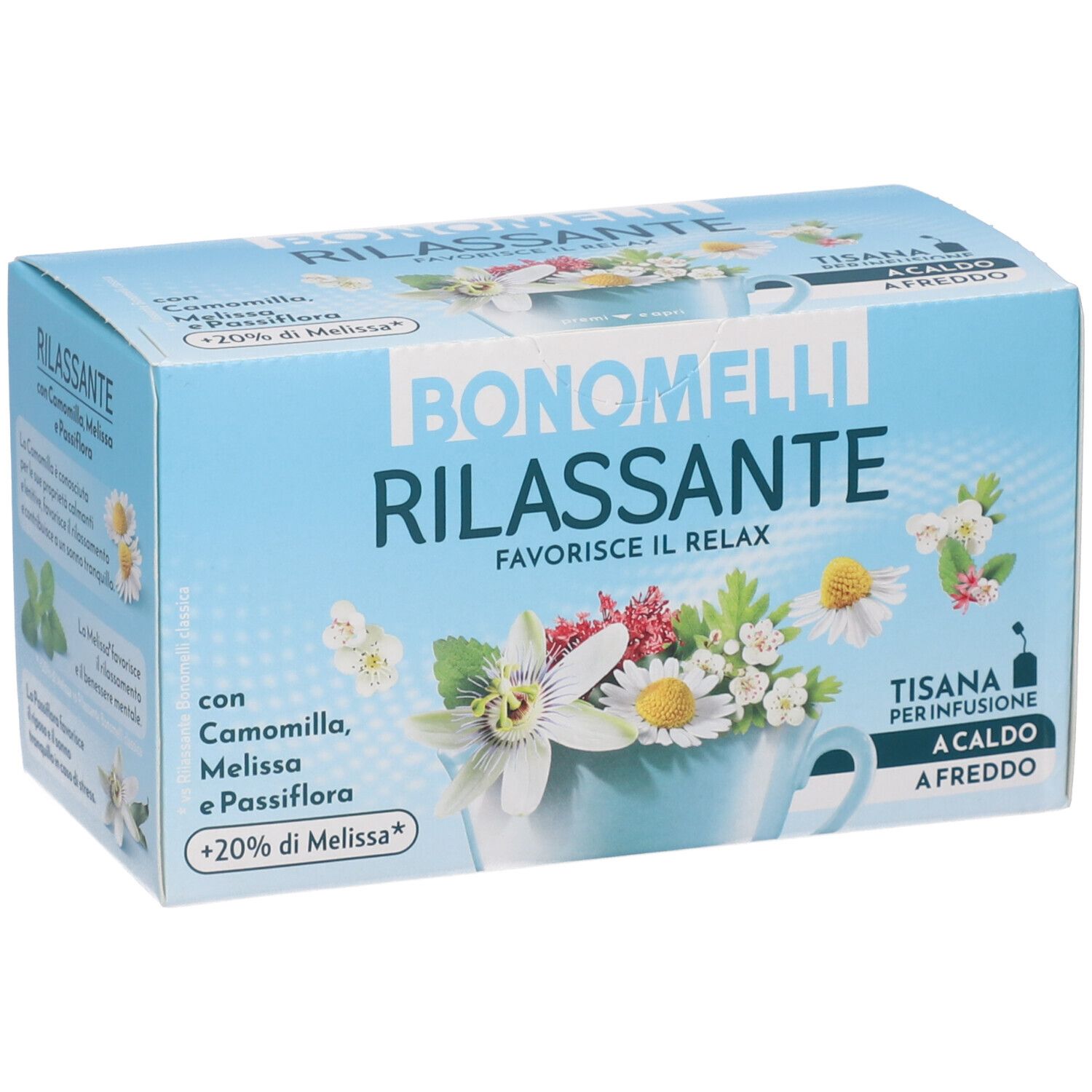 Confezione Bonomelli Tisana Rilassante con erbe e fiori, vista prospettica.