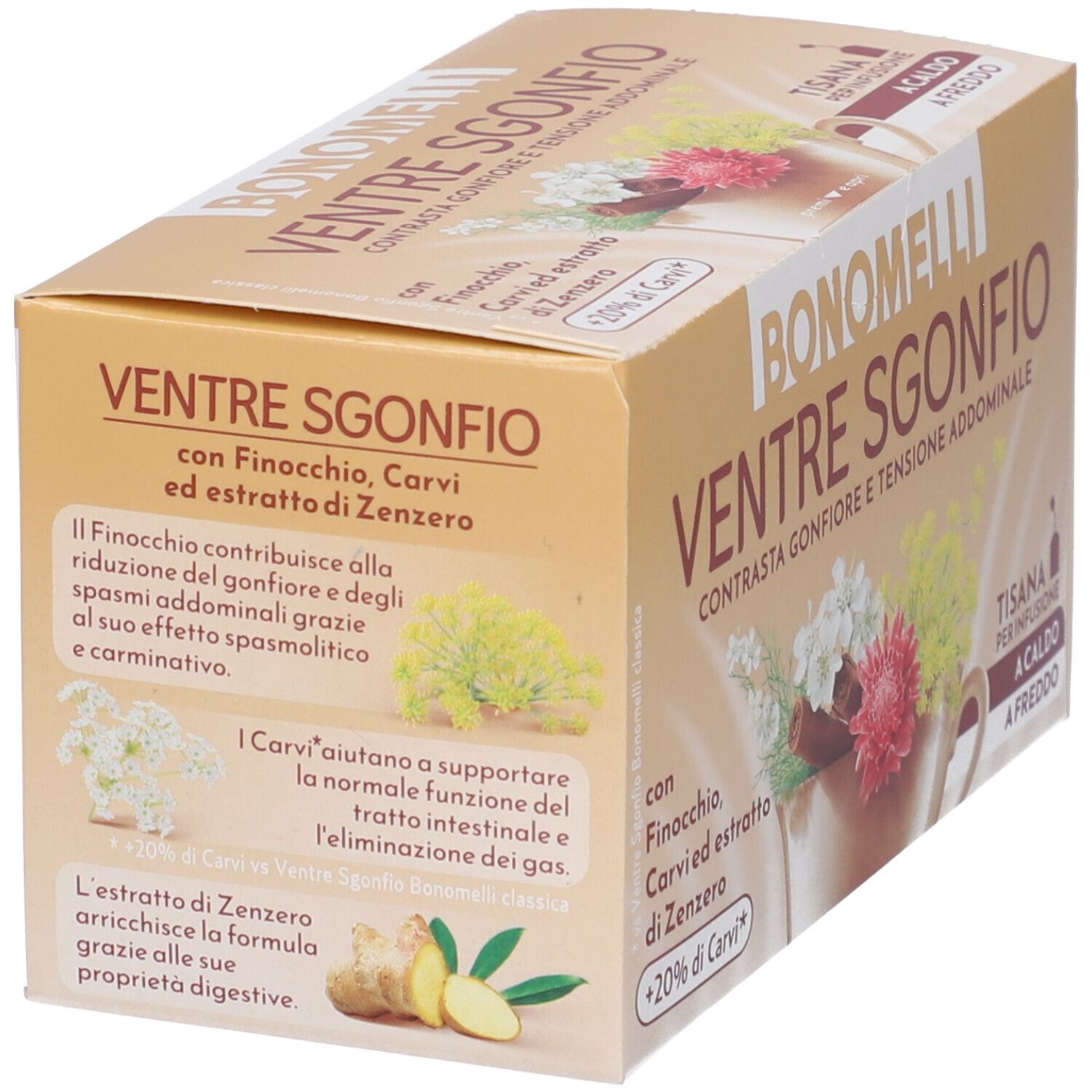 Confezione di tisana Bonomelli Ventre Sgonfio con finocchio, carvi e zenzero.