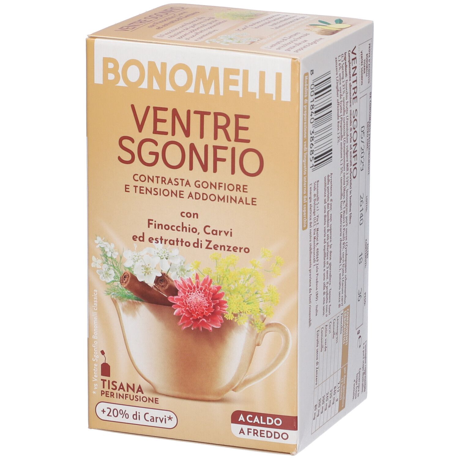 Scatola di tisana Bonomelli Ventre Sgonfio con erbe e zenzero.