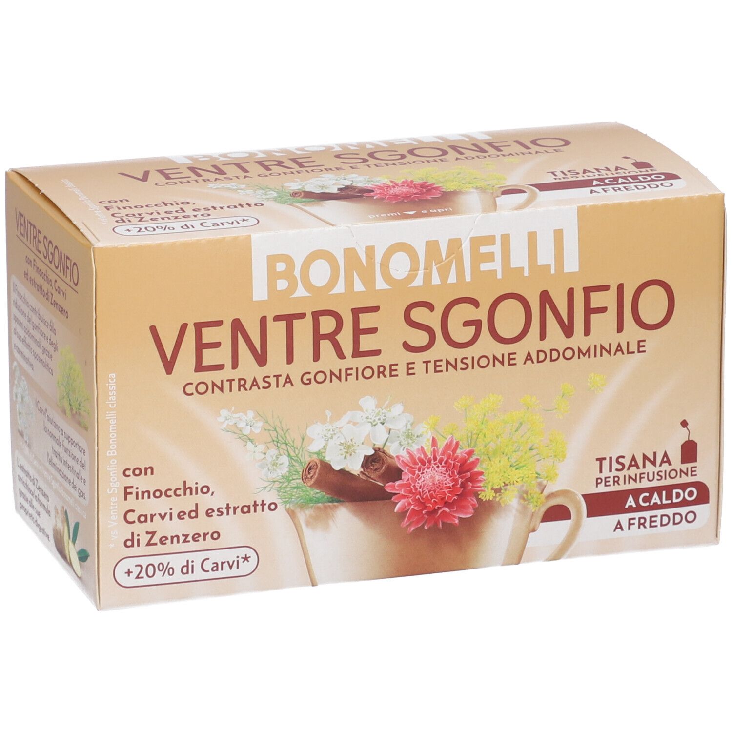 Tè Bonomelli Ventre Sgonfio, con finocchio, carvi ed estratto di zenzero.