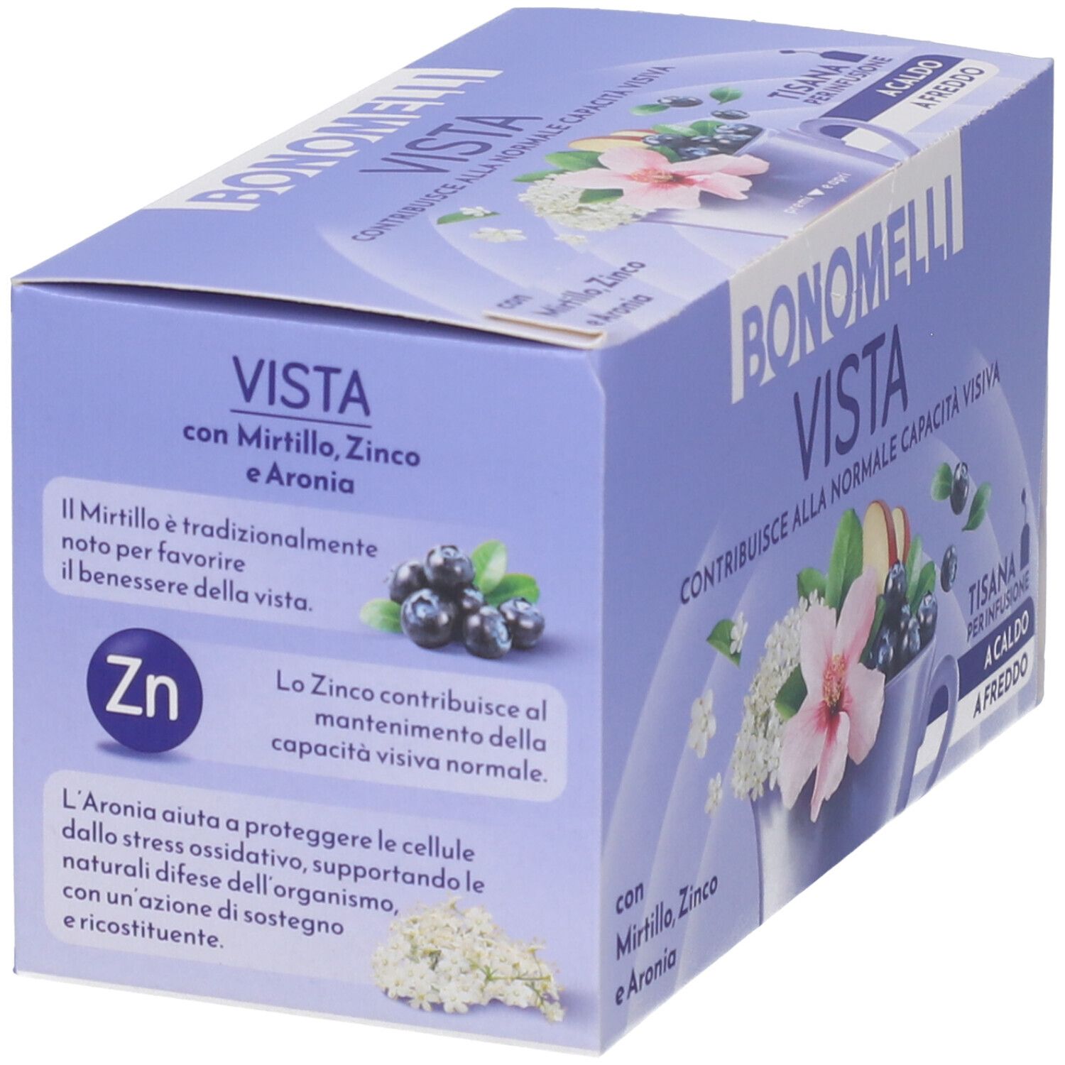 Scatola di tisana Bonomelli Vista, lato con dettagli su mirtillo, zinco e aronia.