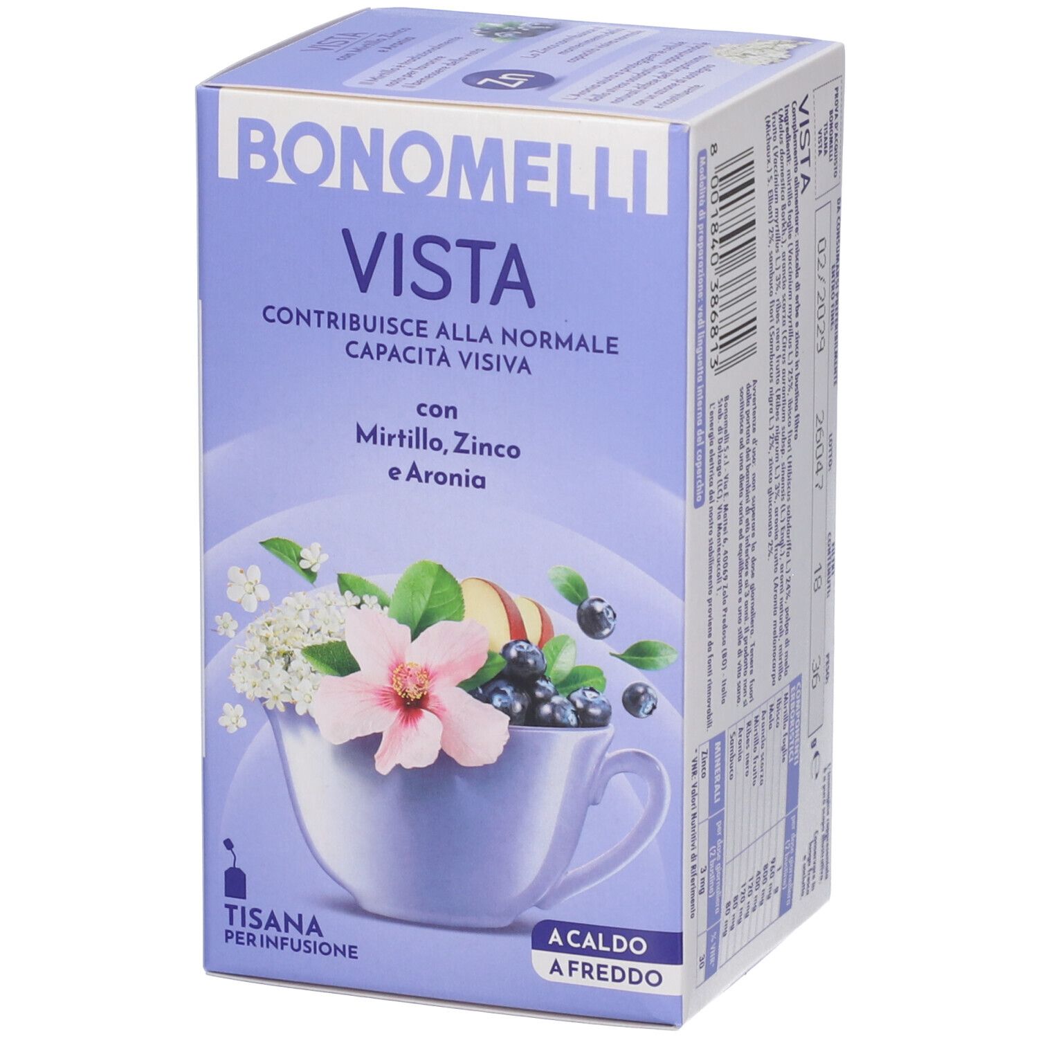 Scatola di tisana Bonomelli Vista, fronte con illustrazione di una tazza con frutta e fiori.