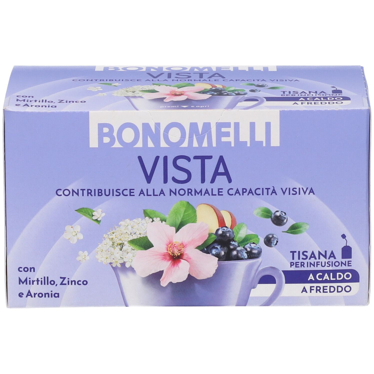 Scatola di tisana Bonomelli Vista, vista frontale con illustrazione di frutta e fiori.