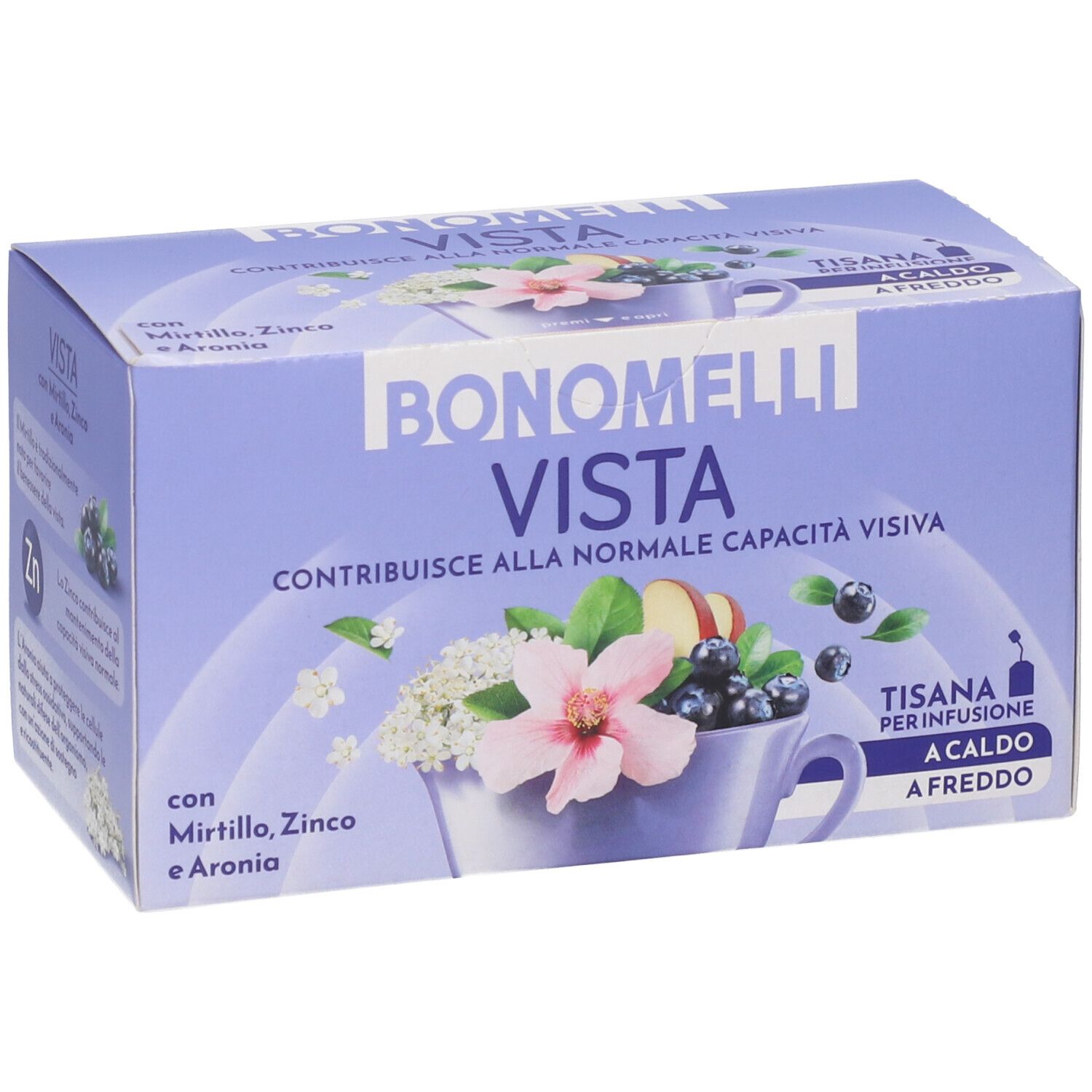 Scatola di tisana Bonomelli Vista, vista frontale obliqua con focus sulla parte anteriore.