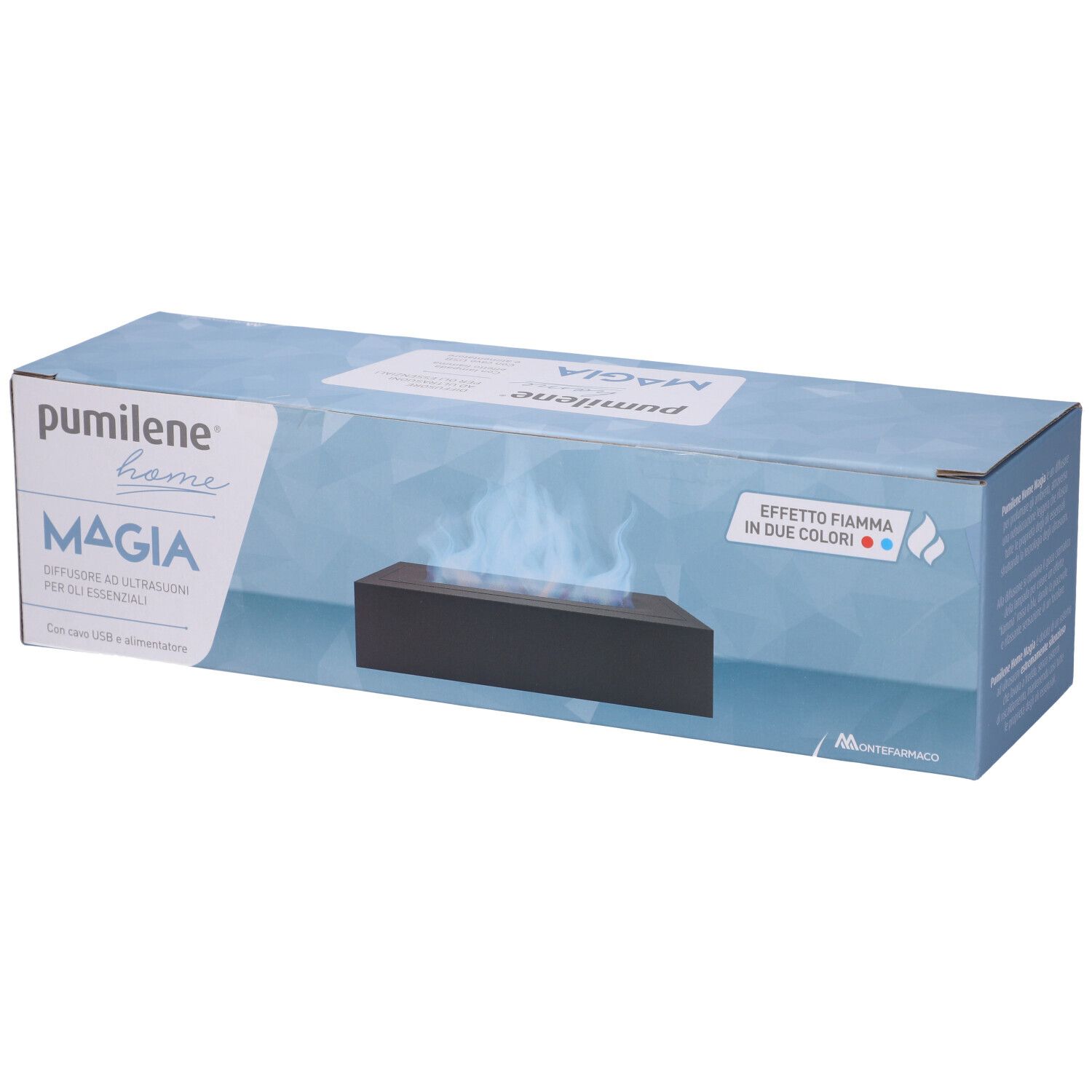 Diffusore ultrasuoni Pumilene Home Magia, corpo nero rettangolare, effetto fiamma.