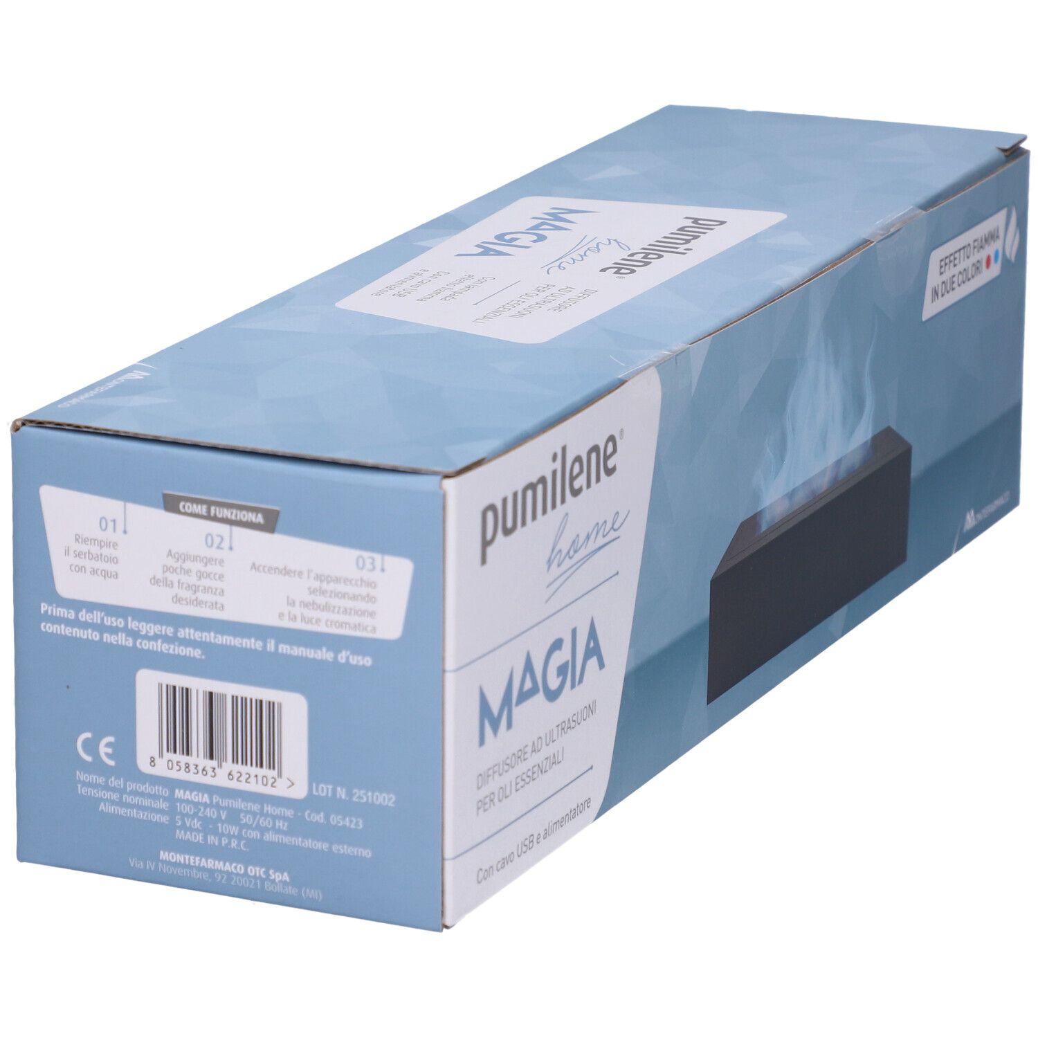 Scatola Pumilene Magia Home con scritte. Marchio CE e codice a barre visibili.