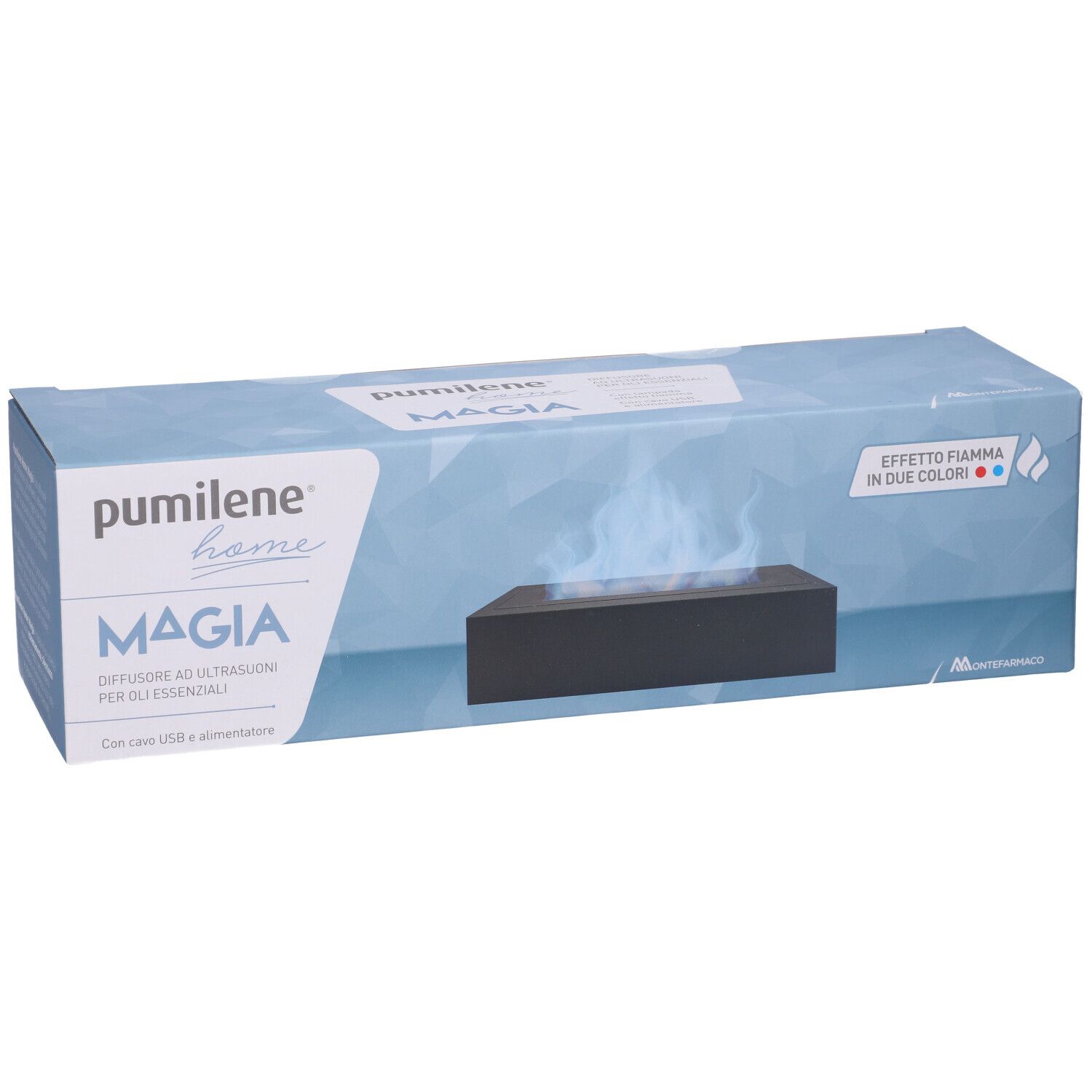 Confezione di un diffusore a ultrasuoni nero con effetto fiamma.