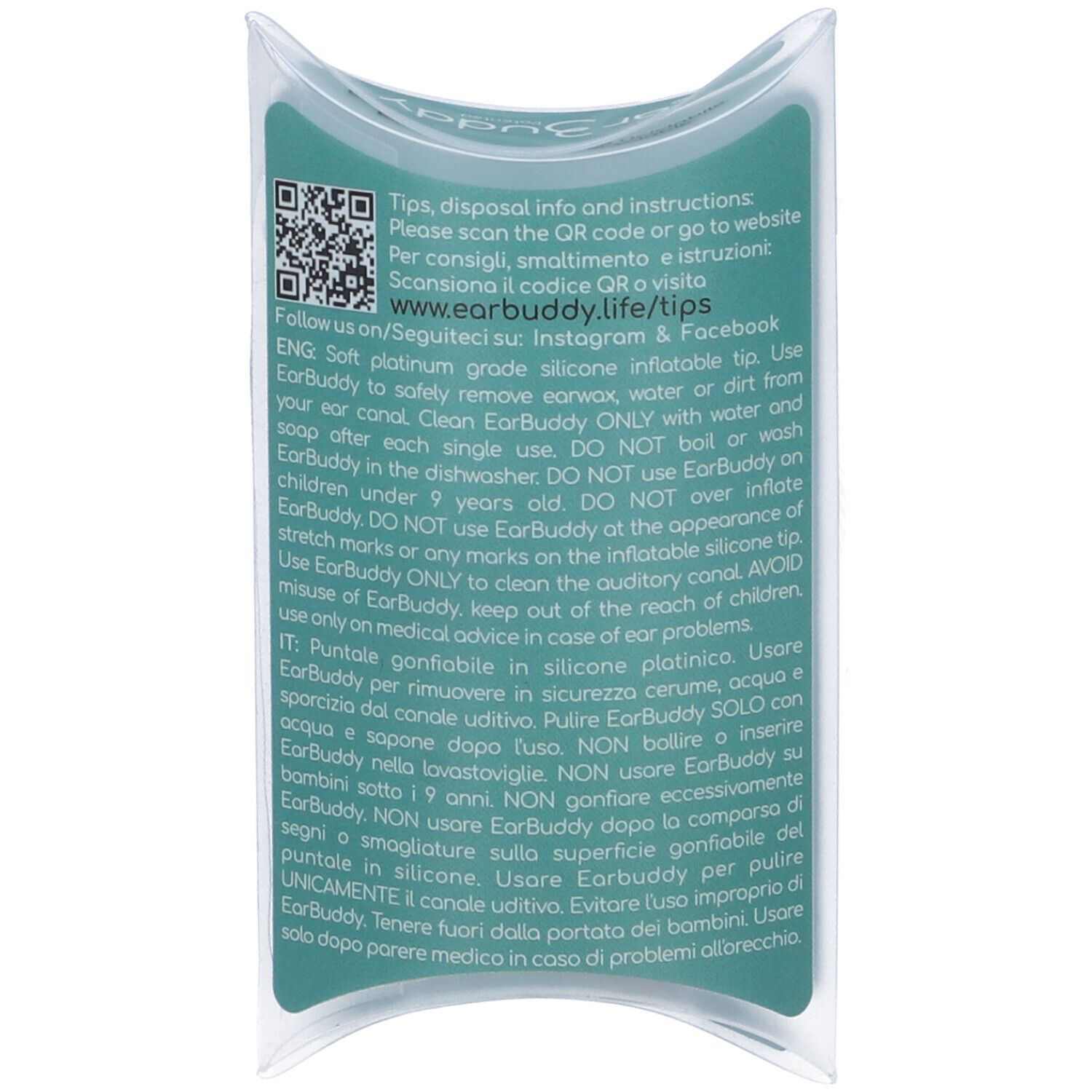 Retro confezione con testo. Informazioni sull'uso e smaltimento. Codice QR e indirizzo sito web.