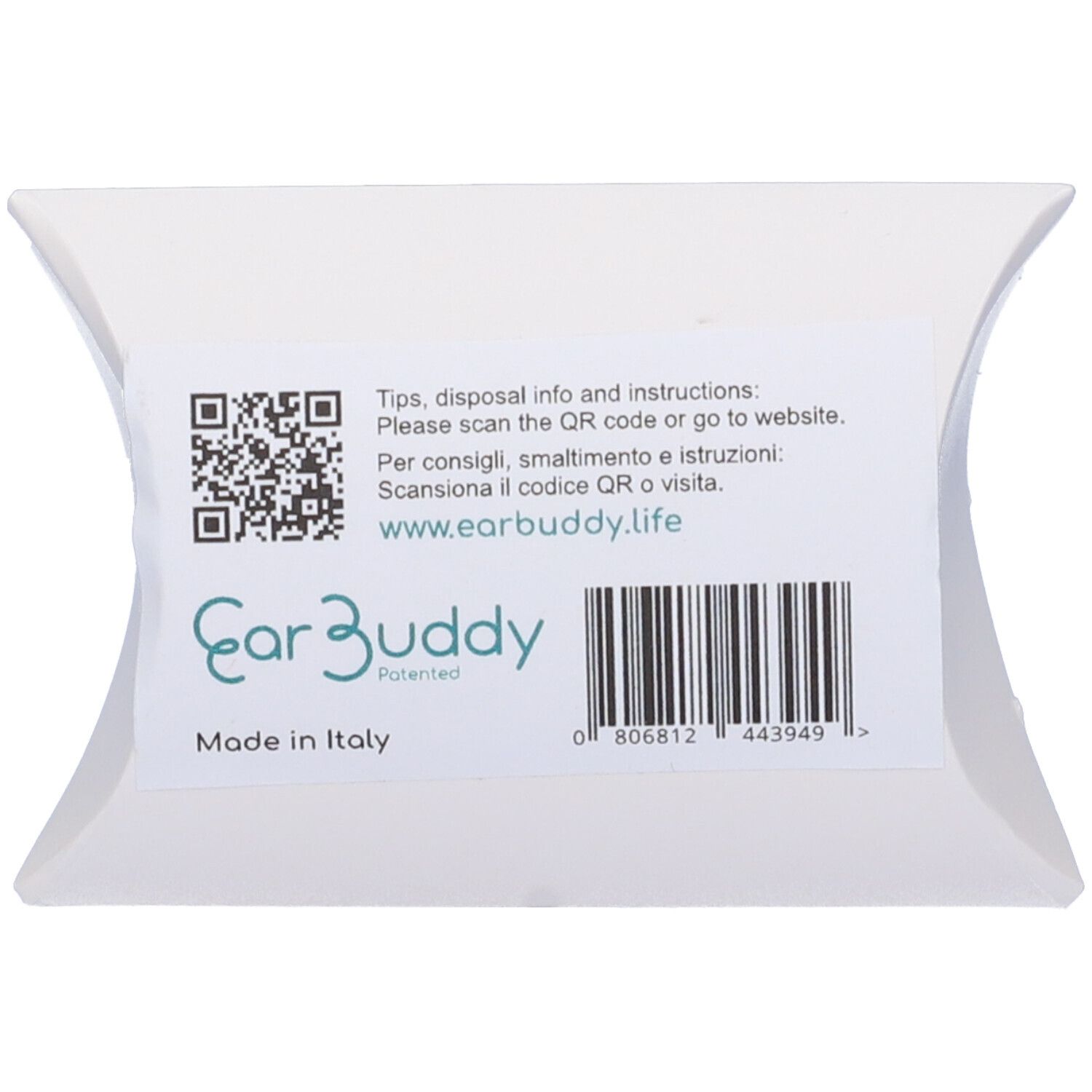 Retro della confezione. Testo e codice QR. Scritta: EarBuddy, Made in Italy.