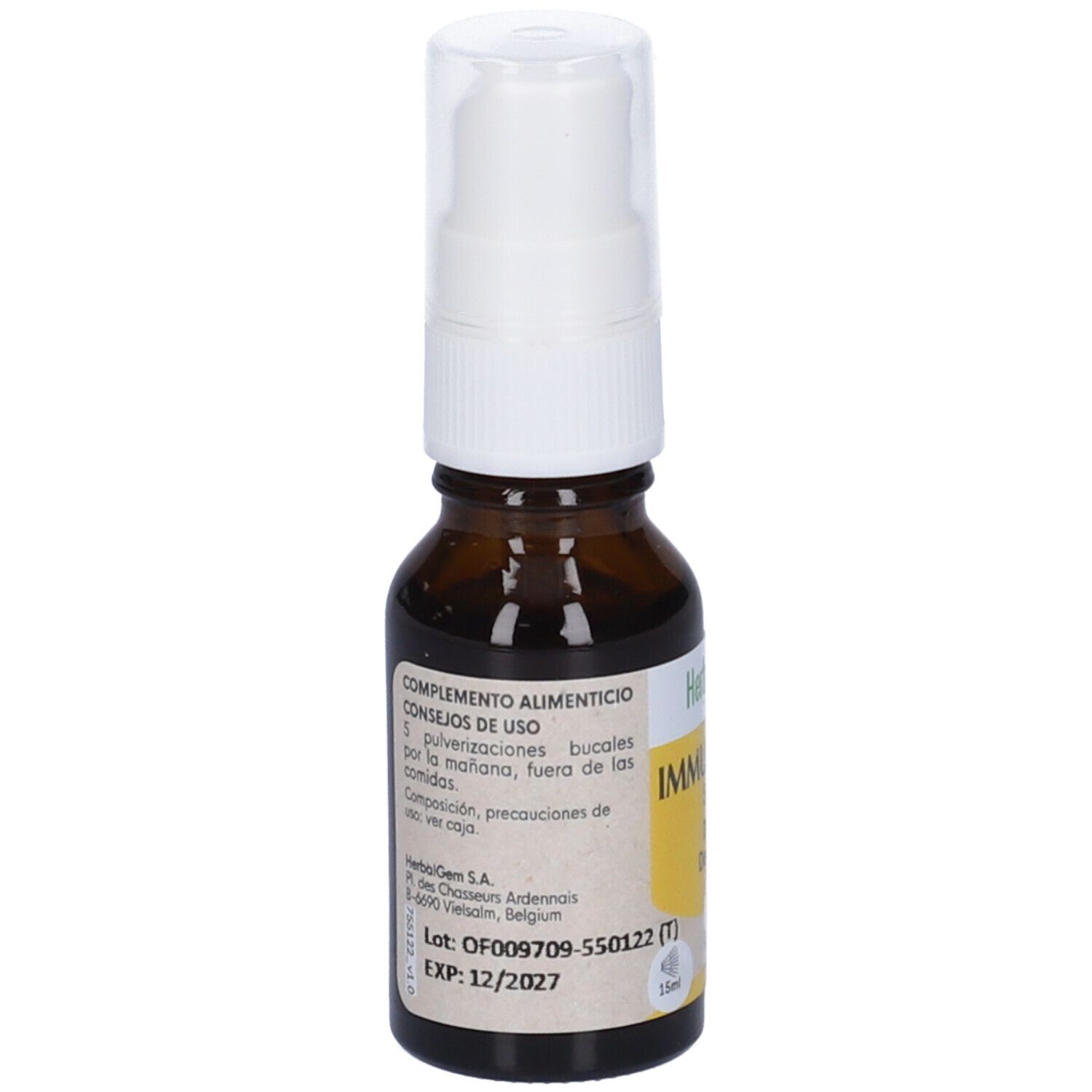 Flacone di vetro marrone con nebulizzatore bianco. Etichetta con informazioni sul prodotto. 15ml.