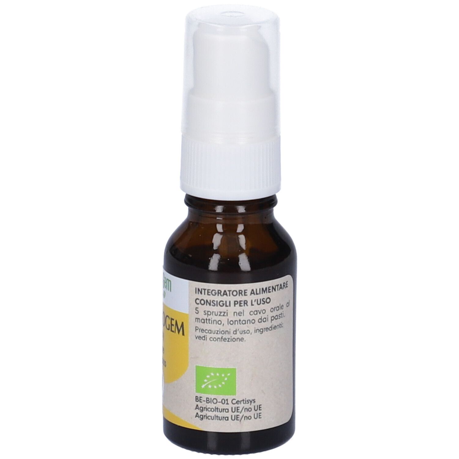 Flacone di vetro marrone con nebulizzatore bianco. Etichetta con informazioni sul prodotto. 15ml.